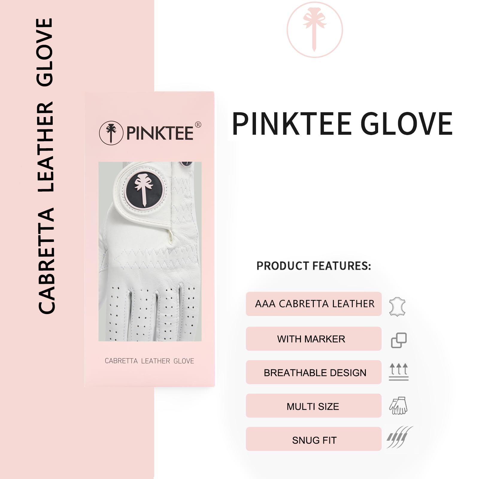 Pinktee Golfhandschuh für Damen, linke Hand, hochwertiges Cabretta-Leder mit rosa Marker, Allwetter-Golfhandschuhe für Damen, Größe S, M, L