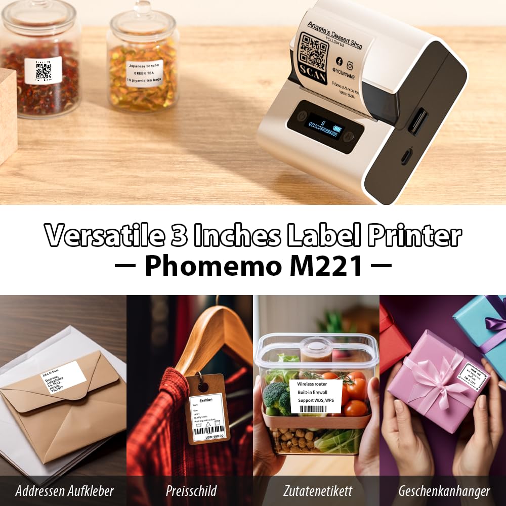Phomemo M221 Imprimante d'étiquettes Thermique Bluetooth Portable Blanc avec 3 Rouleaux d'étiquettes et Sac