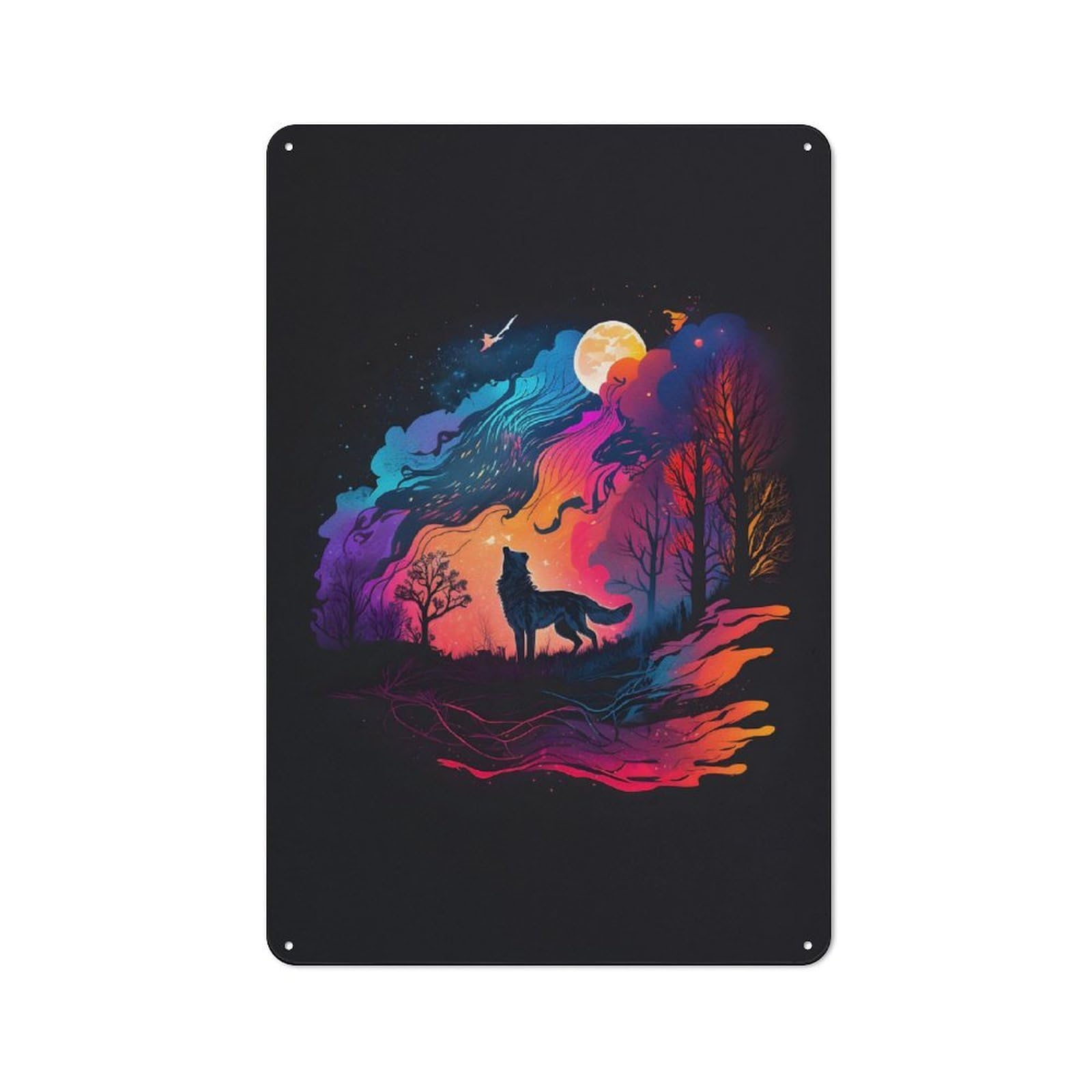 Junmoney Coloful Night Wolf Tin Sign With Design 30X20cm, Garage Style Garage Wall Decor For Garage, Hobby Room, Office Or Man Cave