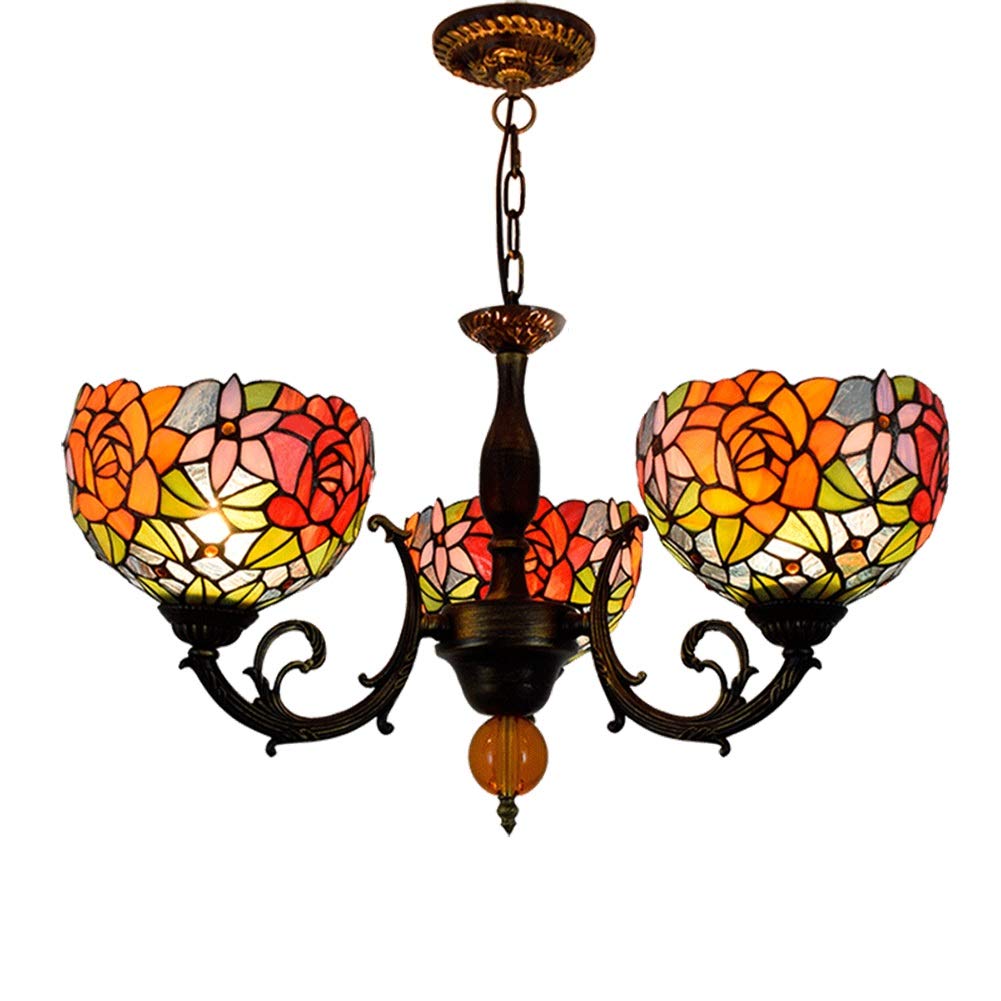 HPTHLY Ceiling Pendant Light Fixture Tiffany Chandelier Glass Gorgeous Rose Lamp Shades 3 Arms Chandelier With Inverted Ceiling Pendant Lamp