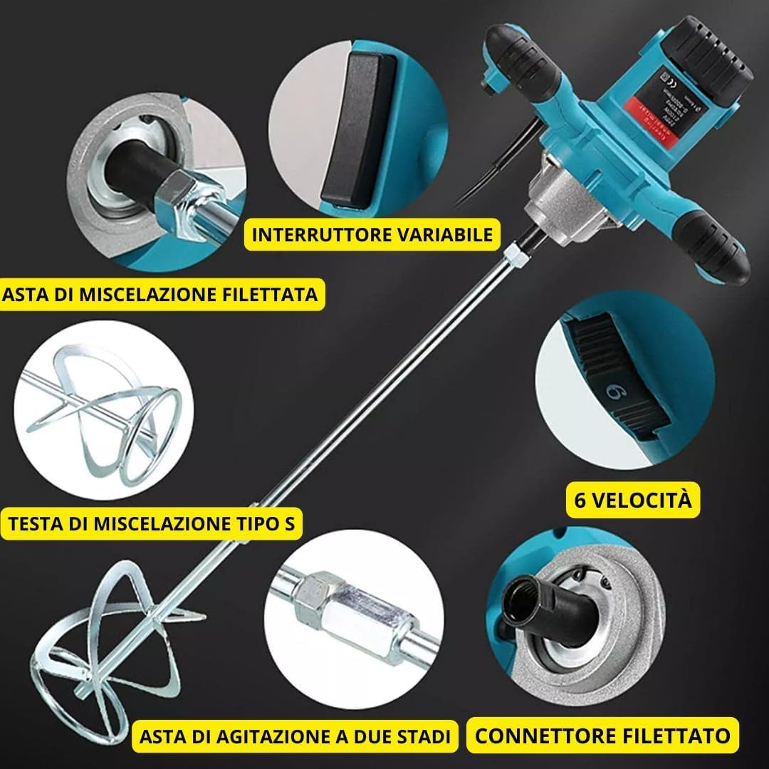 VAZY 24 Miscelatore Elettrico Professionale 1890W 220V – 6 Velocità – Mixer Cemento, Malta, Intonaco e Pittura – Asta Rinforzata Filettata a 2 Stadi con Frusta Tipo S – Anti Vibrazioni