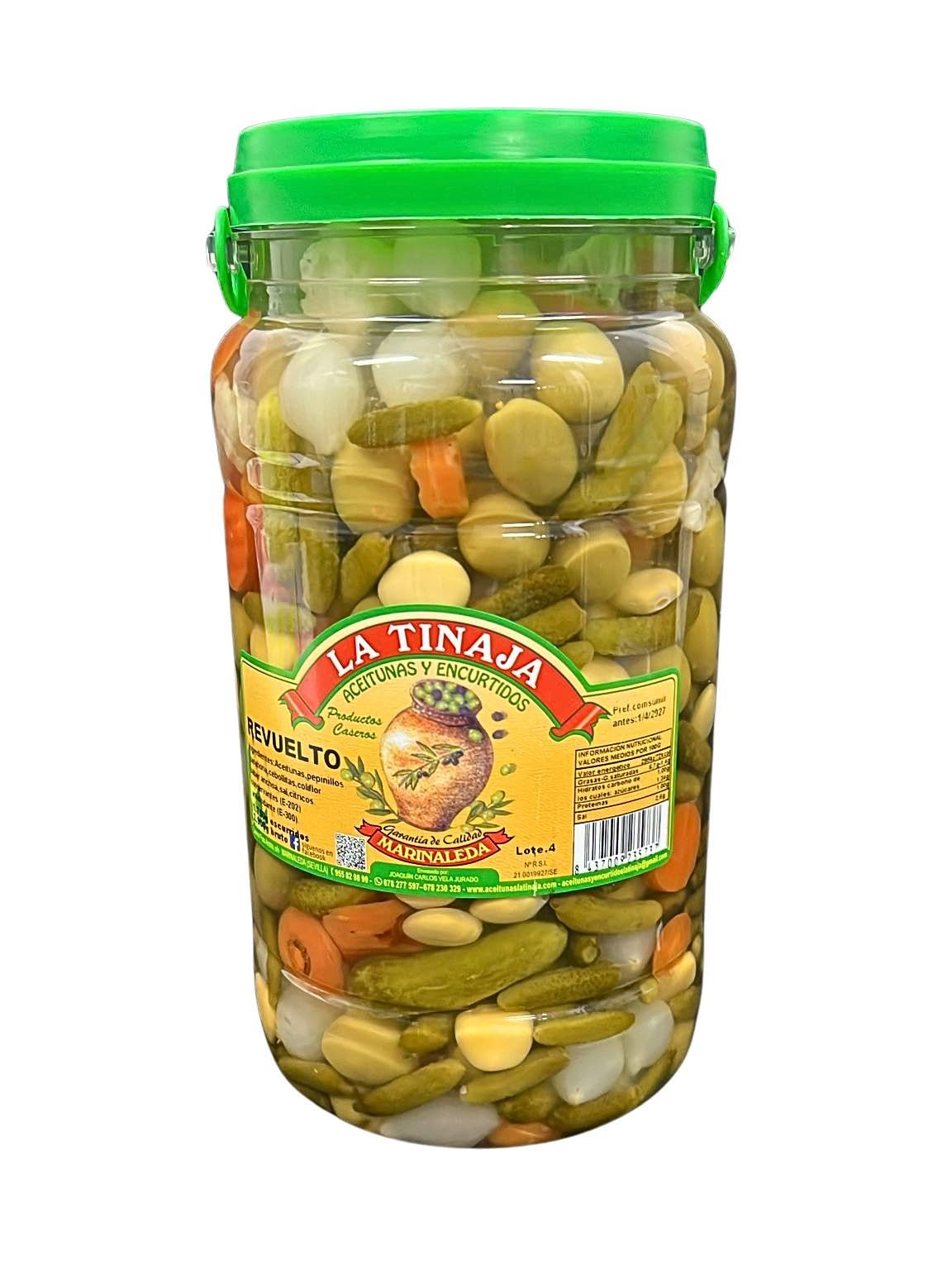 Cóctel de Aceitunas, Pepinillos, Cebollitas y Verduras - Bote 2,9kg (1,75kg Escurrido) - Mix Aperitivo Sabor Anchoa