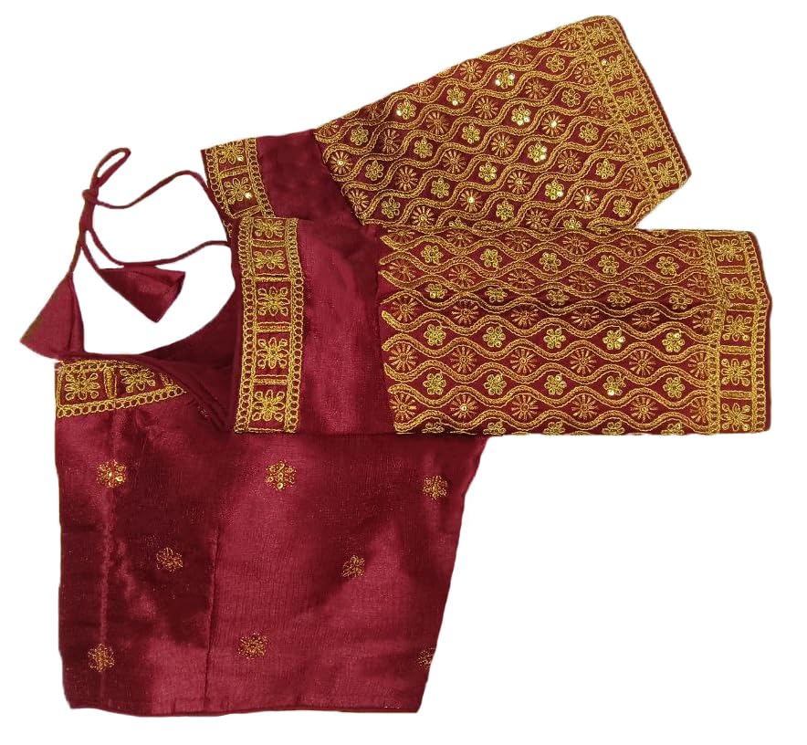 Pujia Mills Women's Readymade Blouse Embroidery Multi Coding Gold Thread Indian Ethnic Designer Stitched Half Sleeve Women's Readymade Maroon Color Saree Blouse For Women For Saree Lehenga Choli