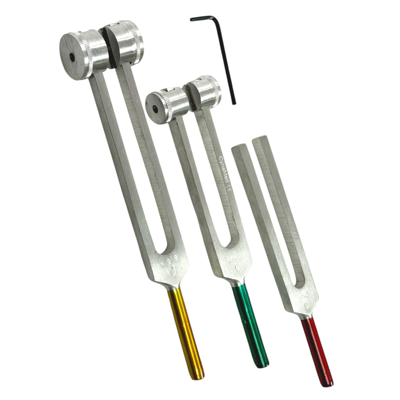 Set of 3 Color-Coded Tuning Forks with Weights C-128 Hz and C-256 Hz and C-512 Hz Without Weights, L-Shape Hex Key Included - Sound Therapy Tuning Forks