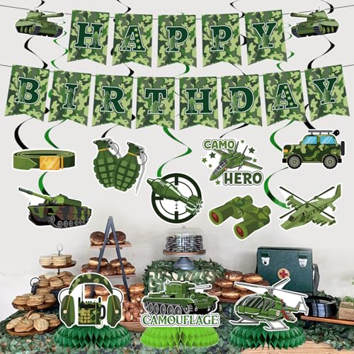 Image of Camo Birthday Party Decorations - 13PCS Army Party Decorations Set Military Themed Happy Birthday Banner Hanging Swirls Honeycomb Centerpieces Decor Supplies for Boys