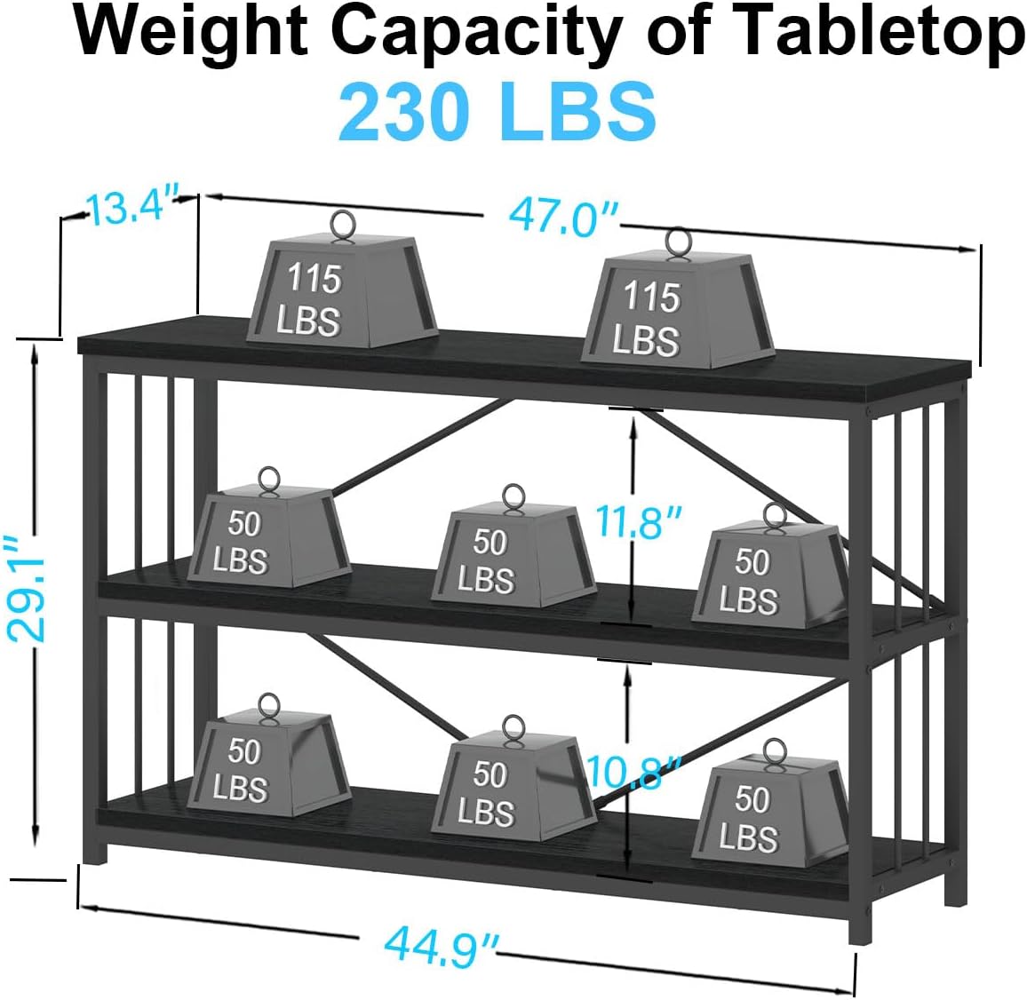 IBF Low Horizontal Book Shelf, Industrial Modern 3 Tier Bookshelf, Farmhouse Short Open Storage Organizer Long Shelf, Simple Wide Wood Metal Sturdy Etagere for Bedroom Living Room, Black Oak, 47 in