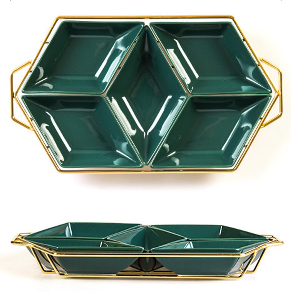 TIMAXSUN Nut and Candy Serving Tray, 5 Divided Appetizer Storage Bowls Tray and Gold Plated Shelf, Snack Platter, Light luxury Style Ceramics Serving Tray for Home Decoration