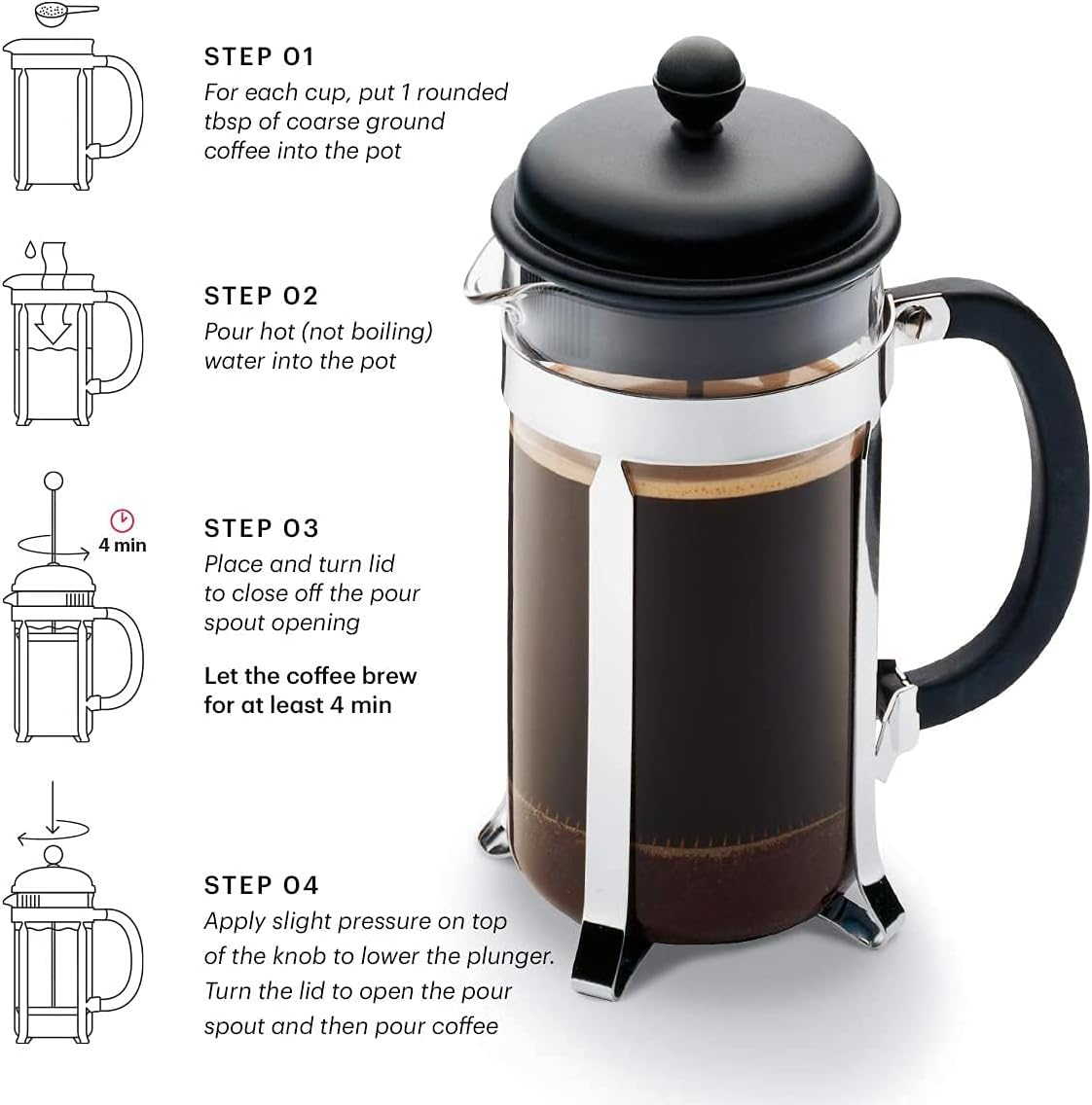Bodum Caffettiera - French Press Cafetiere - Heat Resistant Borosilicate Glass with Black Handle and Lid - 8 Cups/1.0l