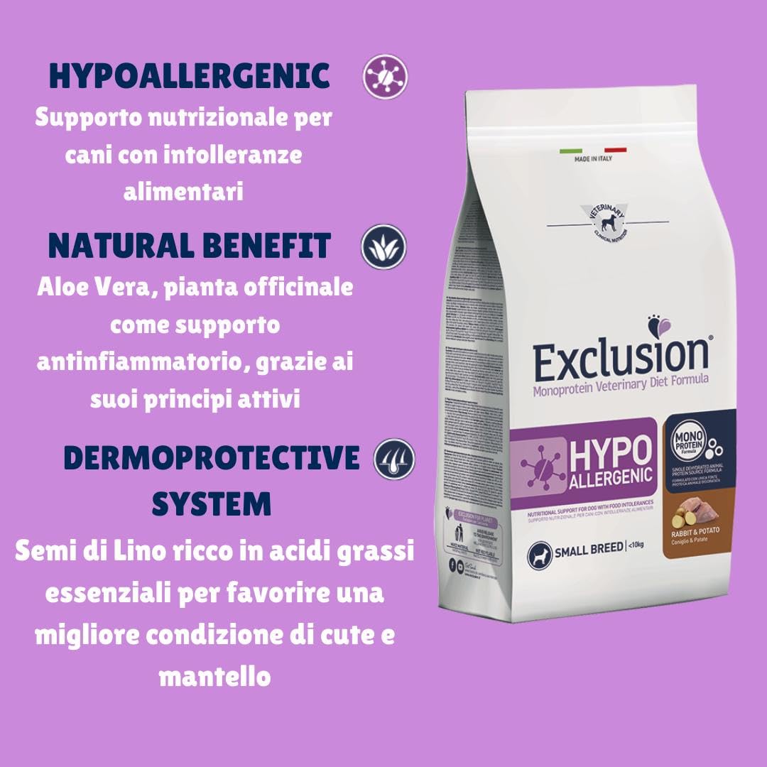 EXCLUSION Cane Taglia Piccola – Monoproteico Coniglio E Patate, 2 Kg, Ipoallergenico Per Intolleranze Alimentari