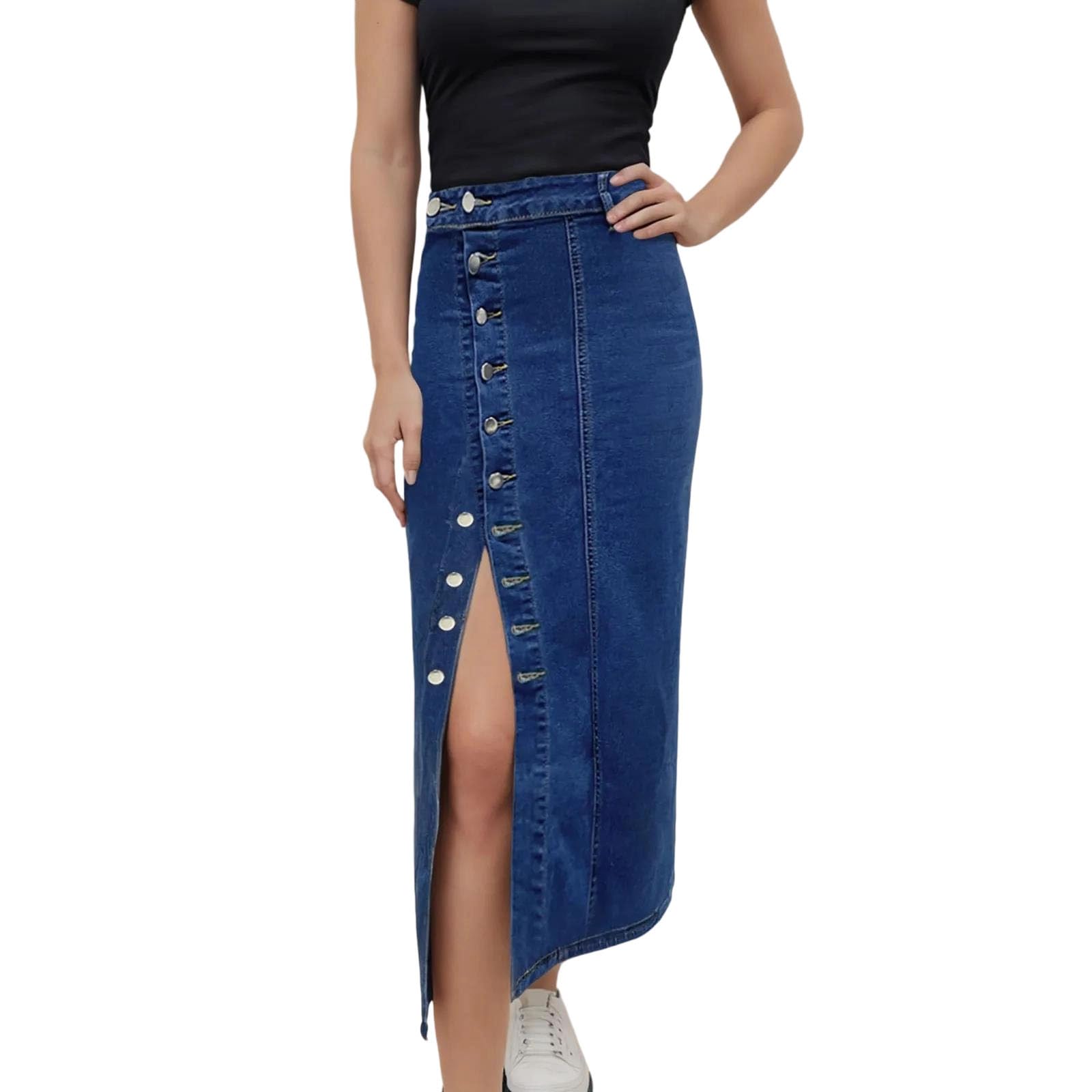Womens High Waist A-Line Mini Skirt with Button Up Front and Pockets High Stretch Slim Fit Above Knee