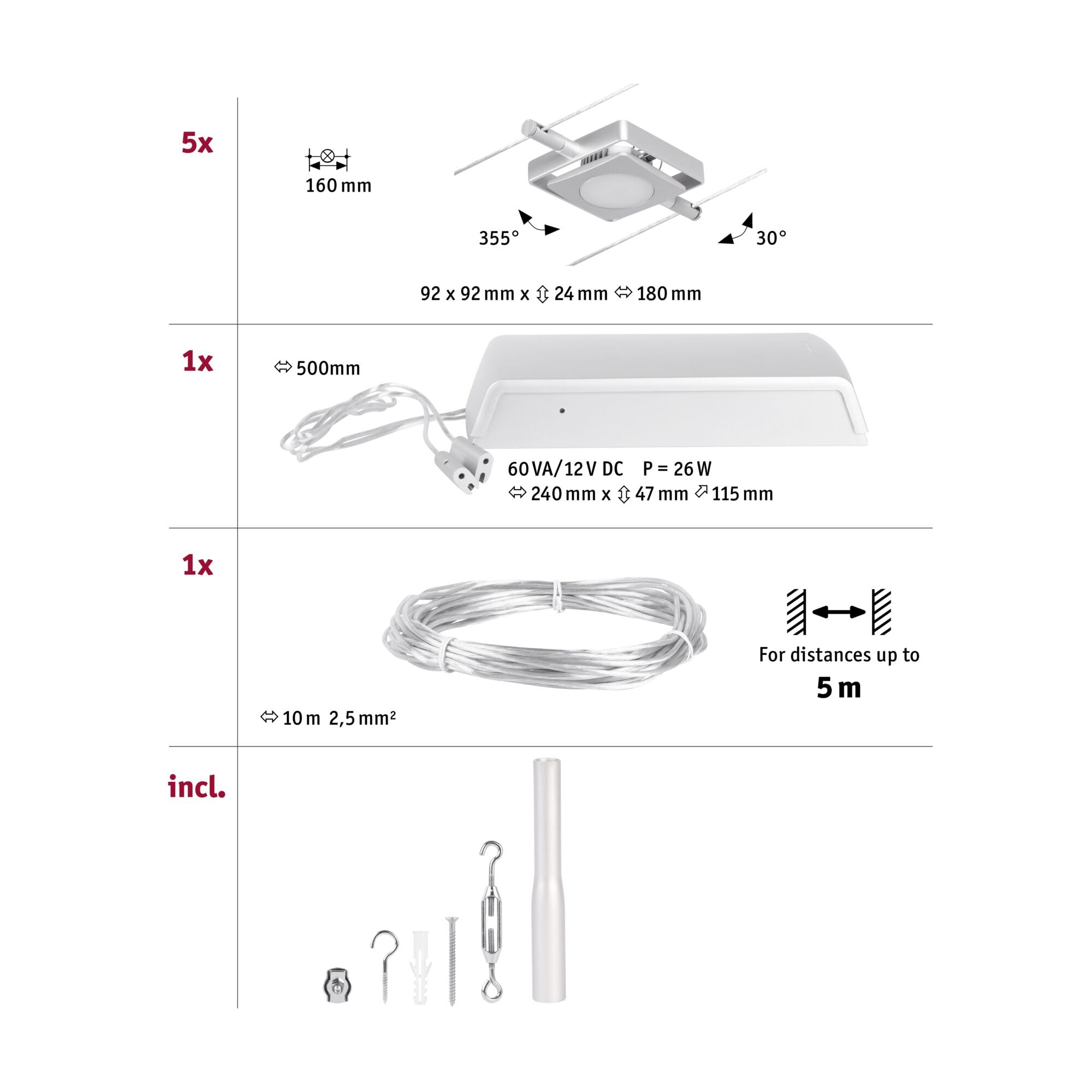 Paulmann 94420 Corduo Kit de système à câble LED RoundMac DC, 5 x 4,5 watts inclus, extensible, chrome mat, chrome, câble métallique, 3 000 K