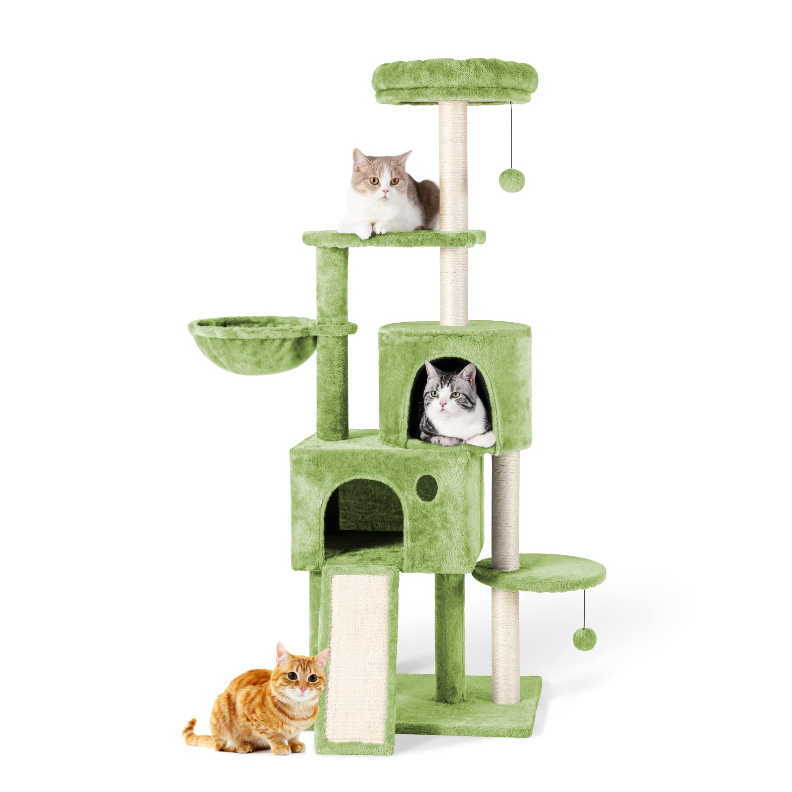 59" Large Cat Tree Tower for Indoor Cats Soft Plush Multi-Level Cat Condo House with Hammock, 2 Cat Cave, Scratching Post, Sisal Staircase, Green