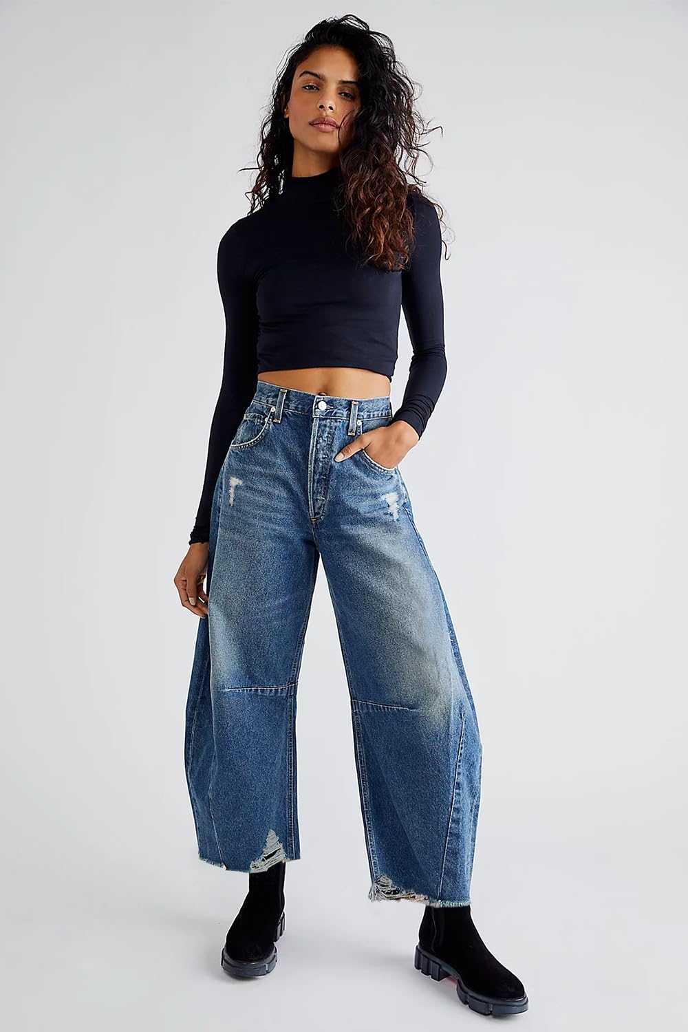 Allimy Damen-Jeans mit hoher Taille, Hufeisen, Baggy-Jeans, trendig 2026, mit rohem Saum, nicht dehnbar