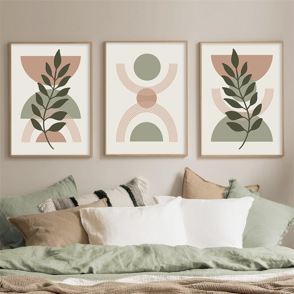 WBYZAC Wall Pictures-Boho Abstract Orange Green Plant Leaves Semicircle Poster Minimalist Wall Art Print Picture Botanical Canvas Painting Living Kitchen Room Decor-40 * 50cm*3PCS (No Frame)