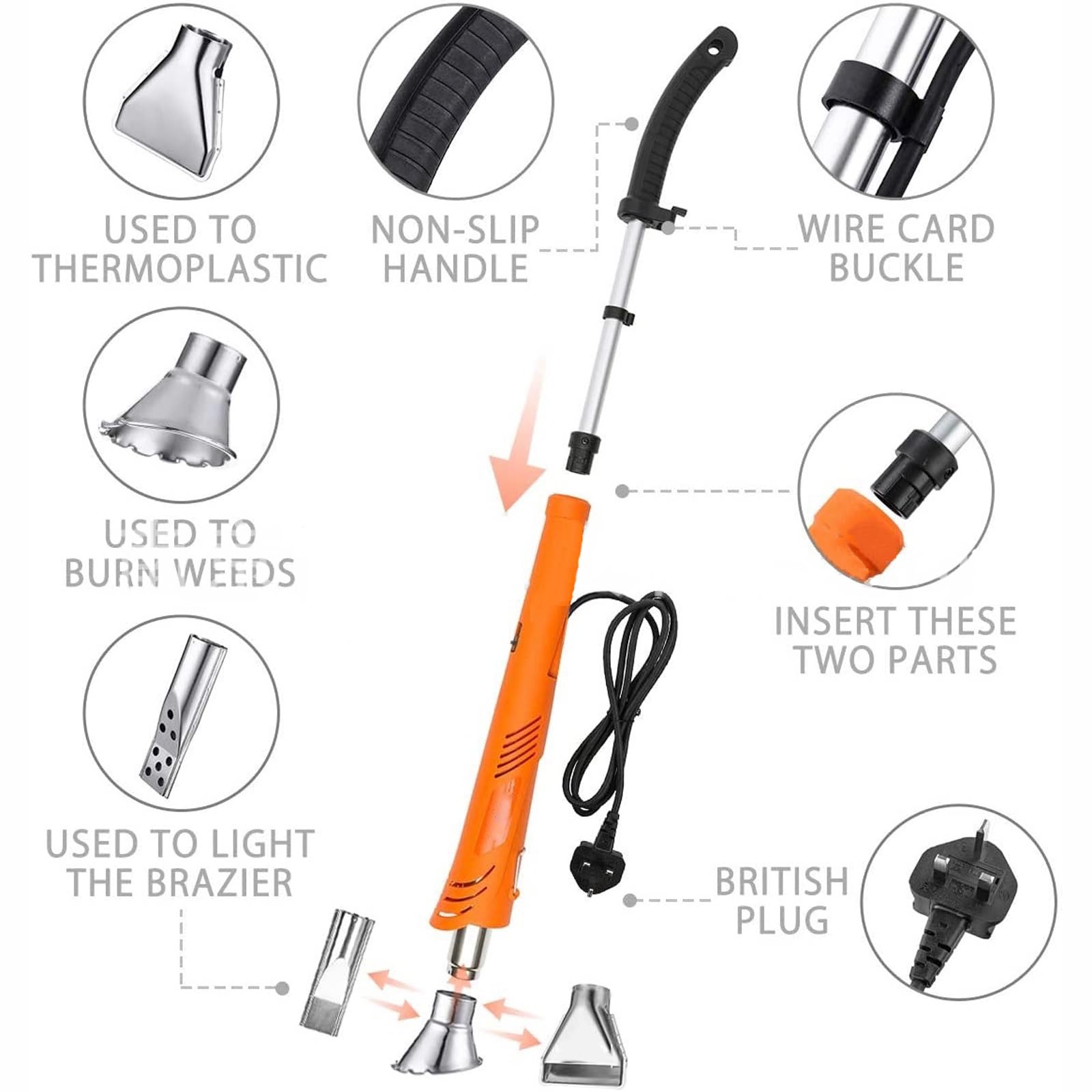 Bruciatore elettrico per erbacce, 2000 W, con manico staccabile, 2 ugelli e impostazioni di calore fino a 650 °C, per un efficiente controllo delle erbacce da giardino