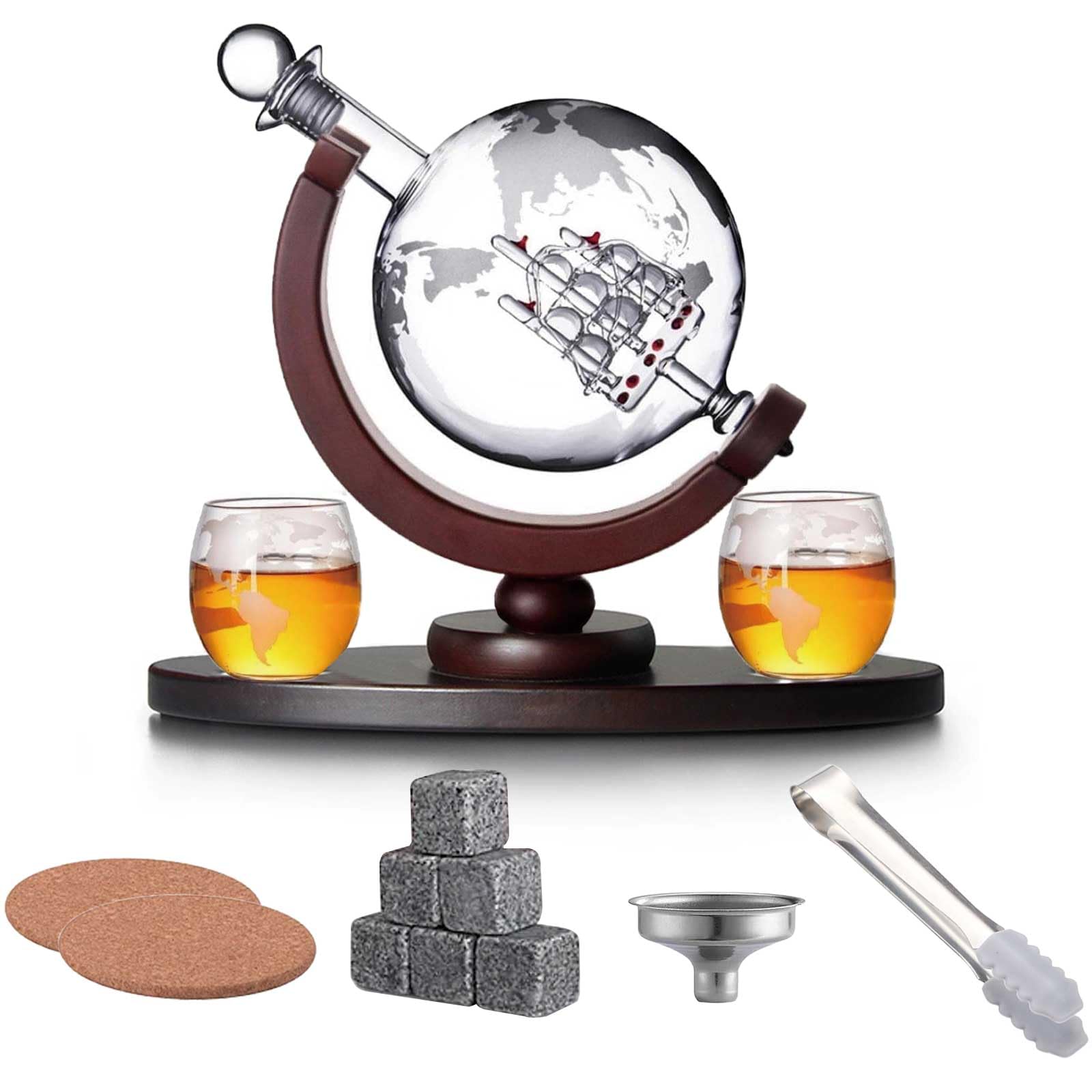 Whiskey Decanter and Glass Set Whiskey Dispenser Whiskey Carafe Globe Decanter with Long Elliptical Base 2 Glasses 6 Ice Cubes Coaster Airtight Stopper, Glass Gift Sets for Wine Whiskey Scotch Vodka