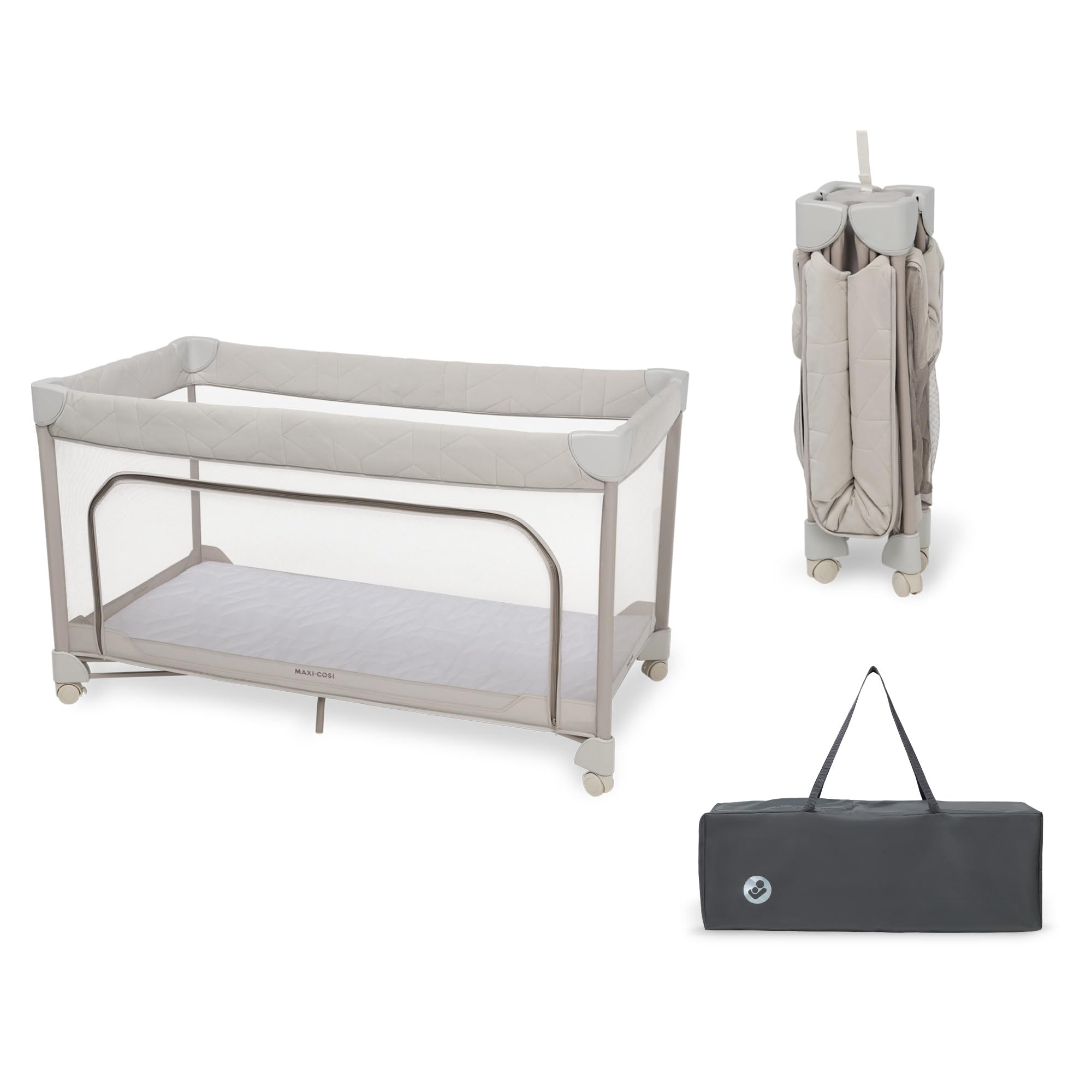 Maxi-Cosi Merlin, 2 in 1 Culla da Campeggio Neonato & Area Giochi, 0-4 Anni, 0-18 kg, Lettino da Viaggio Bambini, Chiusura in 1 Secondo, Materasso 120x60 cm, Finestra Laterale, Elegance Beige
