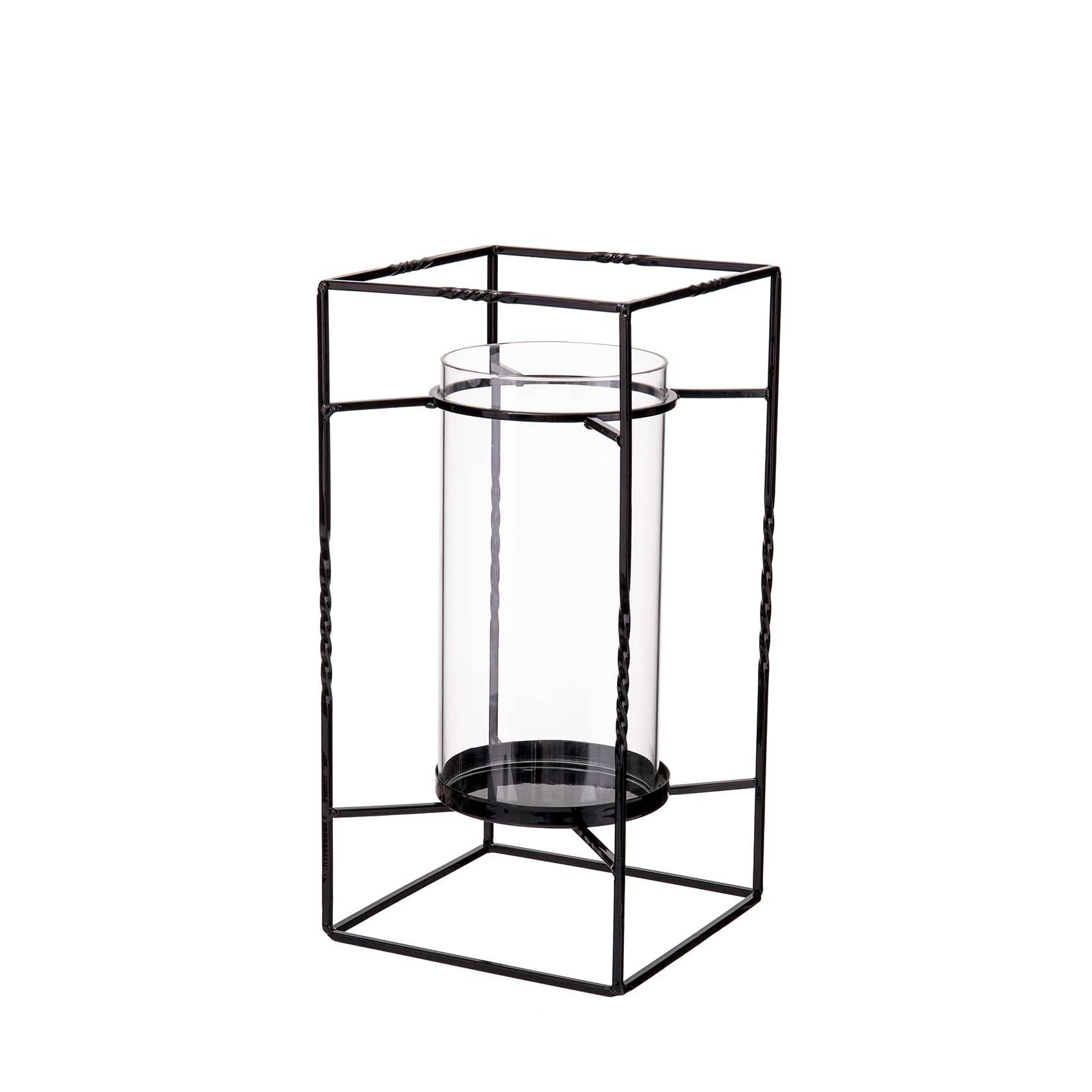 Diamond Star Glass Vase with Metal Bracket, Glass Cylinder Hurricane Candle Lantern with Metal Frame and Handle (Diameter 5.9'', Height 11.8'')