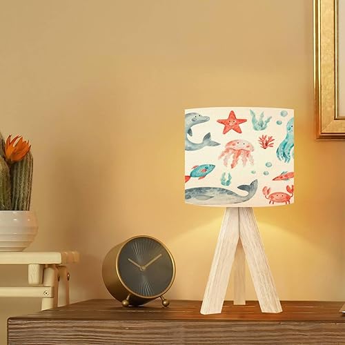Miniatura 6 de Lámpara de mesa con trípode, animales del océano, peces y mesita de noche, lámpara de escritorio regulable con base de madera, pantalla de tela para