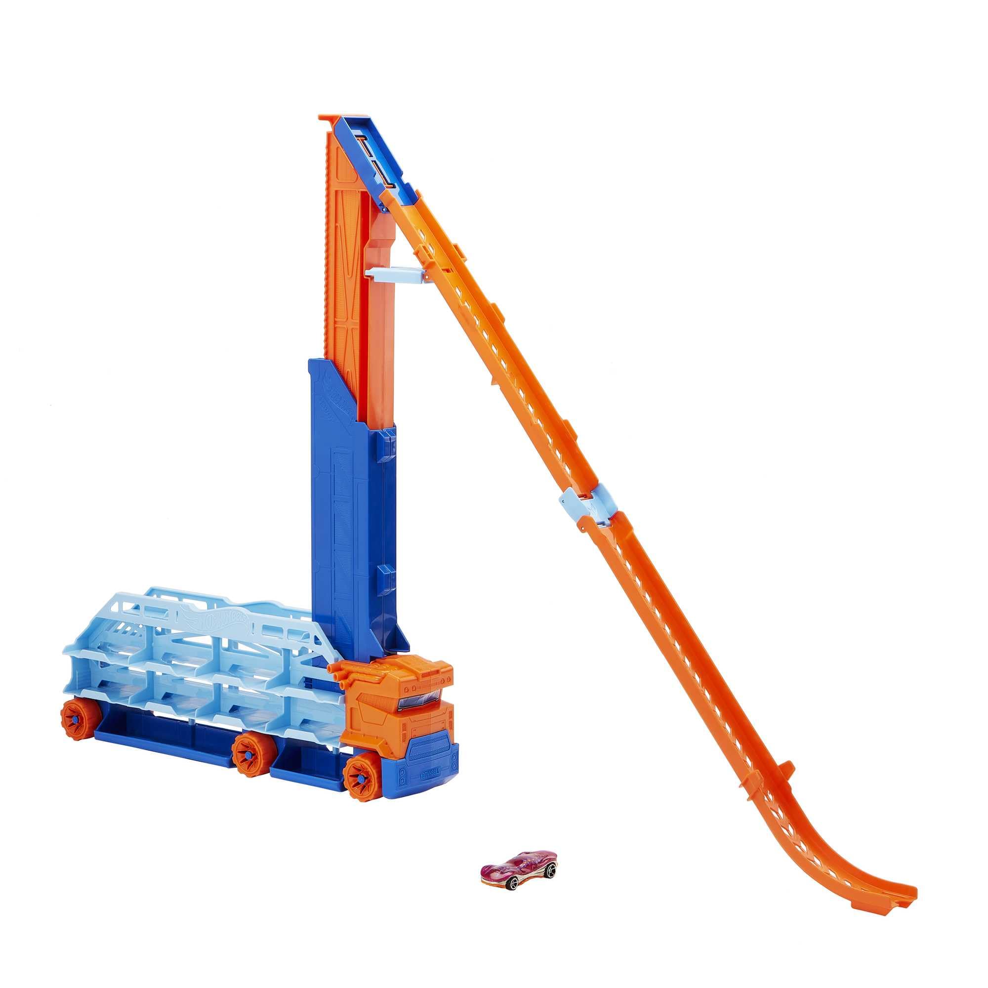 Hot Wheels - Autotrasportatore a Caduta Libera, con 1 macchinina, contiene più di 20 veicoli in scala 1:64, si trasforma in una pista con discesa da 60 cm, Giocattolo per Bambini 4+ Anni, HDY92