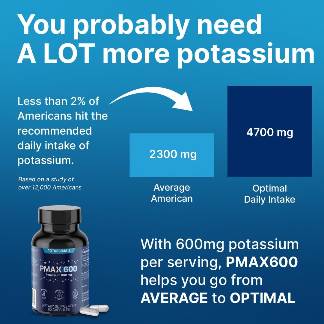 PMAX600 High Dose Pure Potassium Electrolyte Supplement 600mg Capsules 4-Type Potassium Blend-Citrate, Gluconate, Bicarbonate,Chloride. Supports Healthy Blood Pressure, Heart, Kidneys, Bones, Muscles