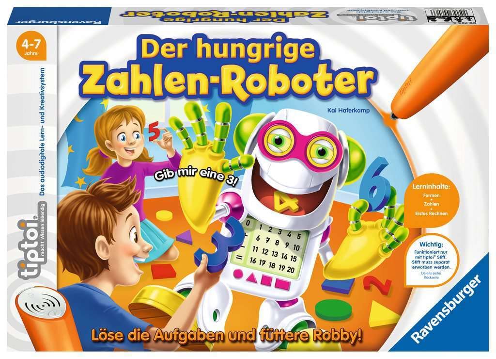 Ravensburger tiptoi Spiel 00706 Der hungrige Zahlenroboter, Lernspiel ab 4 Jahren für 1-4 Spieler, spielerisch Formen und Rechnen Lernen in 4 Schwierigkeitsstufen