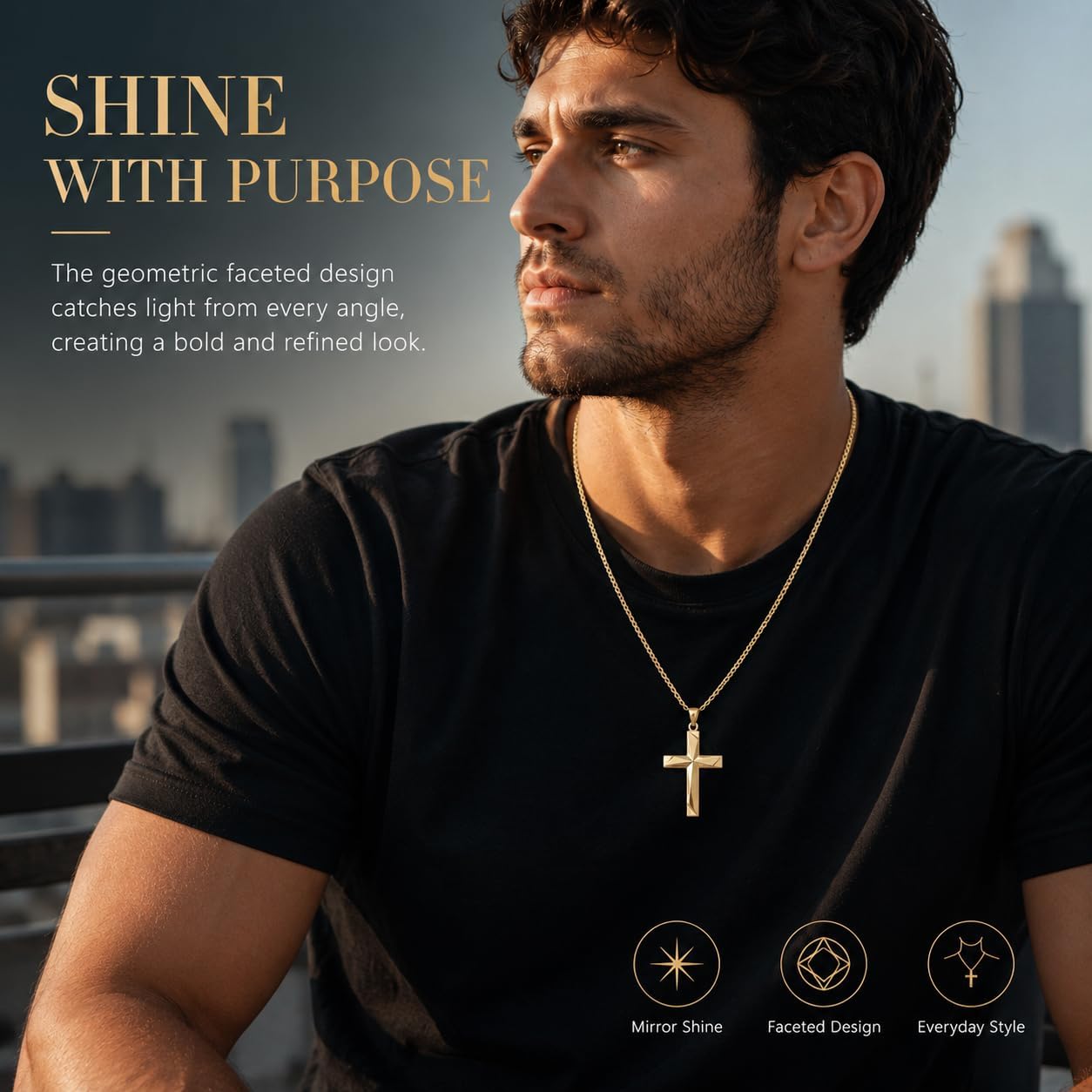 14K Gold Cross Pendant for Men - Irregular 3D Faceted Cutting, Hand-Polished High-Shine Cross Charm for DIY Necklaces, Fits up to 5mm Chains (Pendant Only)