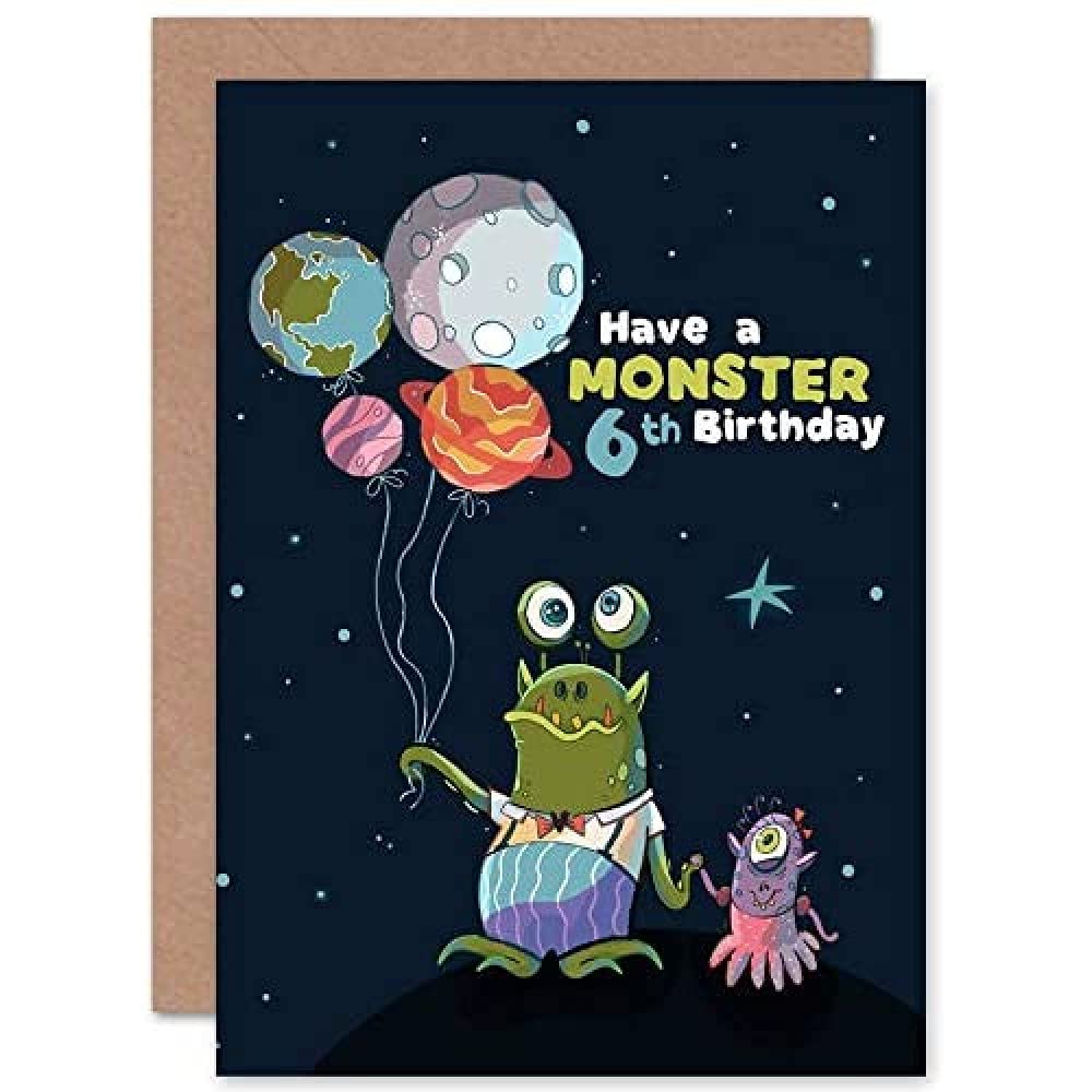 Wee Blue Coo Space Balloon Monster Birthday 6th Greetings Card