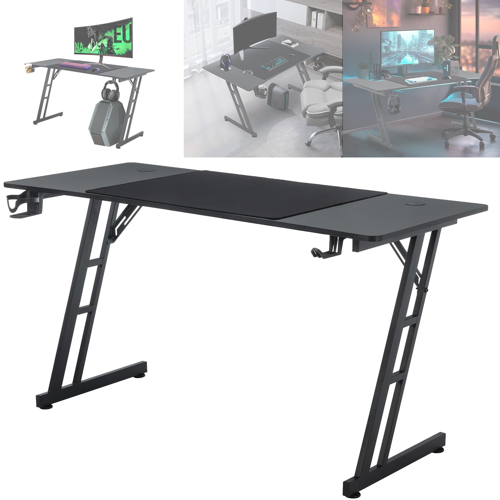 ACXIN Tavolo da gioco, 120 x 60 cm, scrivania per computer con gancio per cuffie e porta bevande, struttura a forma di Z, design ergonomico, scrivania in fibra di carbonio, nero