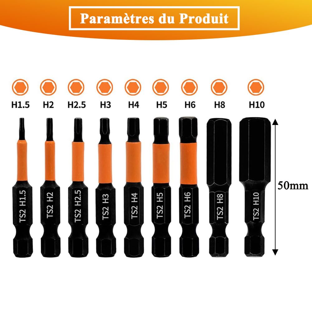 Teocpai 9pcs 50mm Allen Screwdriver Bit Set, 1.5mm-10mm S2 Steel Magnetic Hex Shank Bits, 1/4 Inch Shank - Image 2