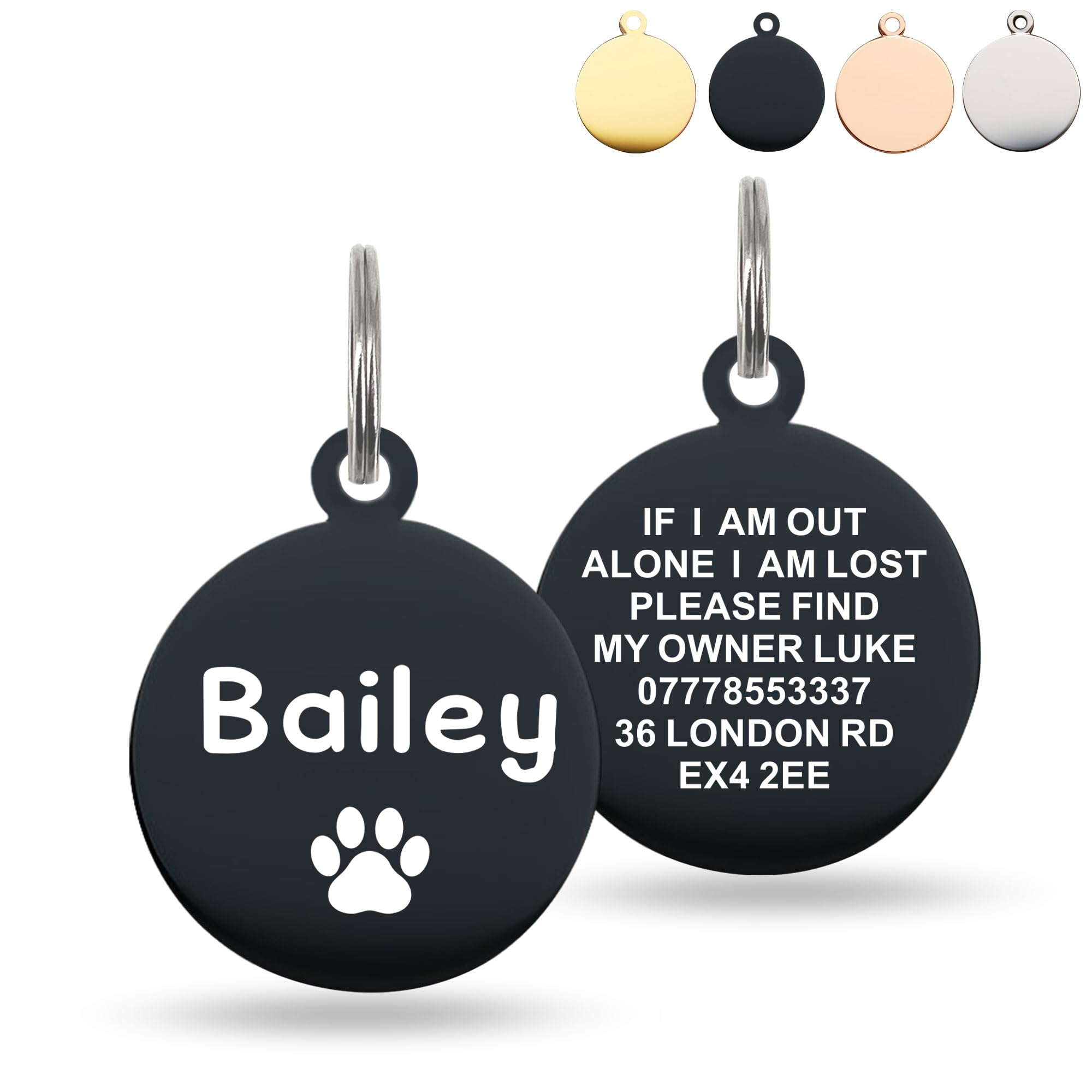 Deep Engraved Dog Tags for Pets UK Prime, Personalised Cat Dog Name ID Tags, Stainless Steel Pet Tag for Doggy Kitten Kitty Puppy, Scratch Resistant Tag (Black Round, L)