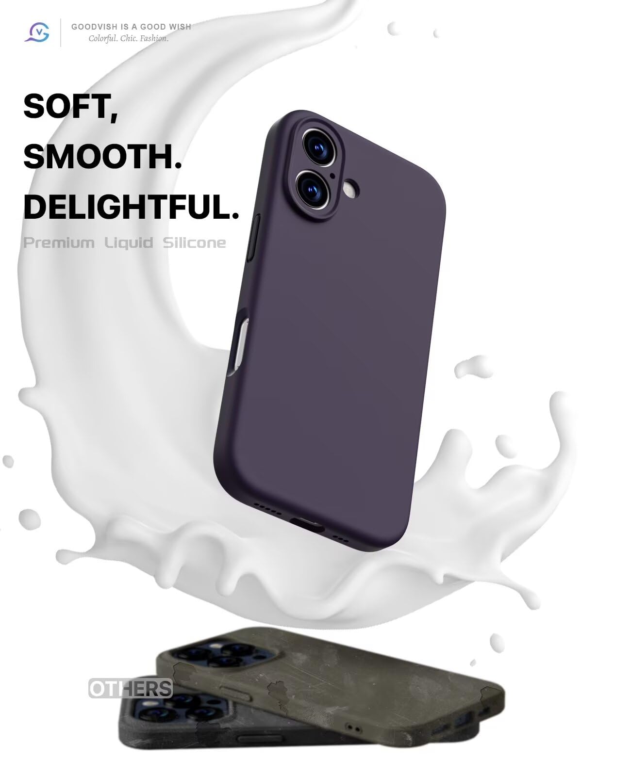 GOODVISH 3 in 1 Silicone Cover per iPhone 16 6.1", Custodia con 2 Pellicola Vetro Temperato [Protezione Fotocamera] 360° Protezione Anticaduta Case per Cellulare Antiurto Resistente, Viola Scuro
