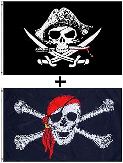 Aimto 3x5 FT CrossKnife Flag and Jolly Roger (Red Scarf) Flag - Pirate Party Supplies Halloween Decorations Banners - Pirate Flags Polyester Canvas Brass Buttonhole