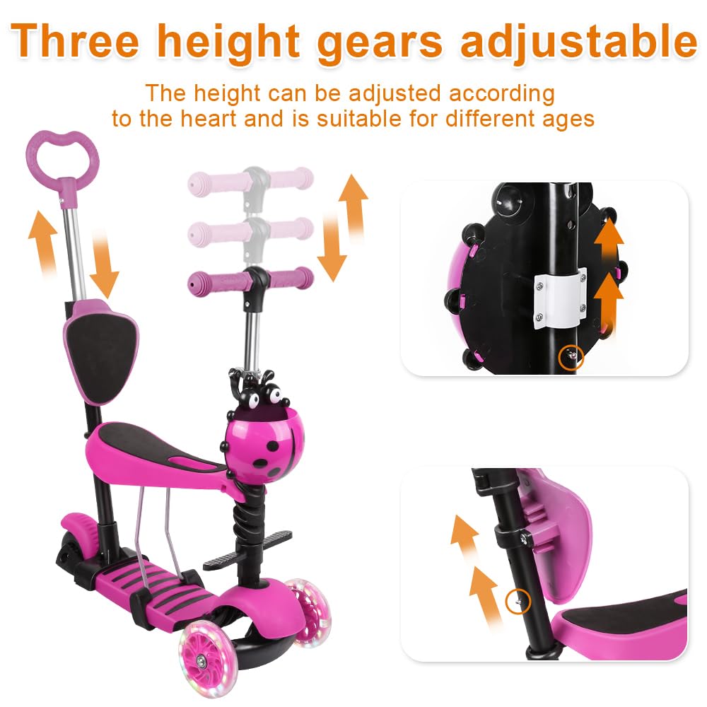 Monopattino per bambini 5 in 1 a partire dai 2 anni fino a 50 kg, con sedile pieghevole e ruote LED, regolabile in altezza, pieghevole, triciciclo scooter per bambini e bambine