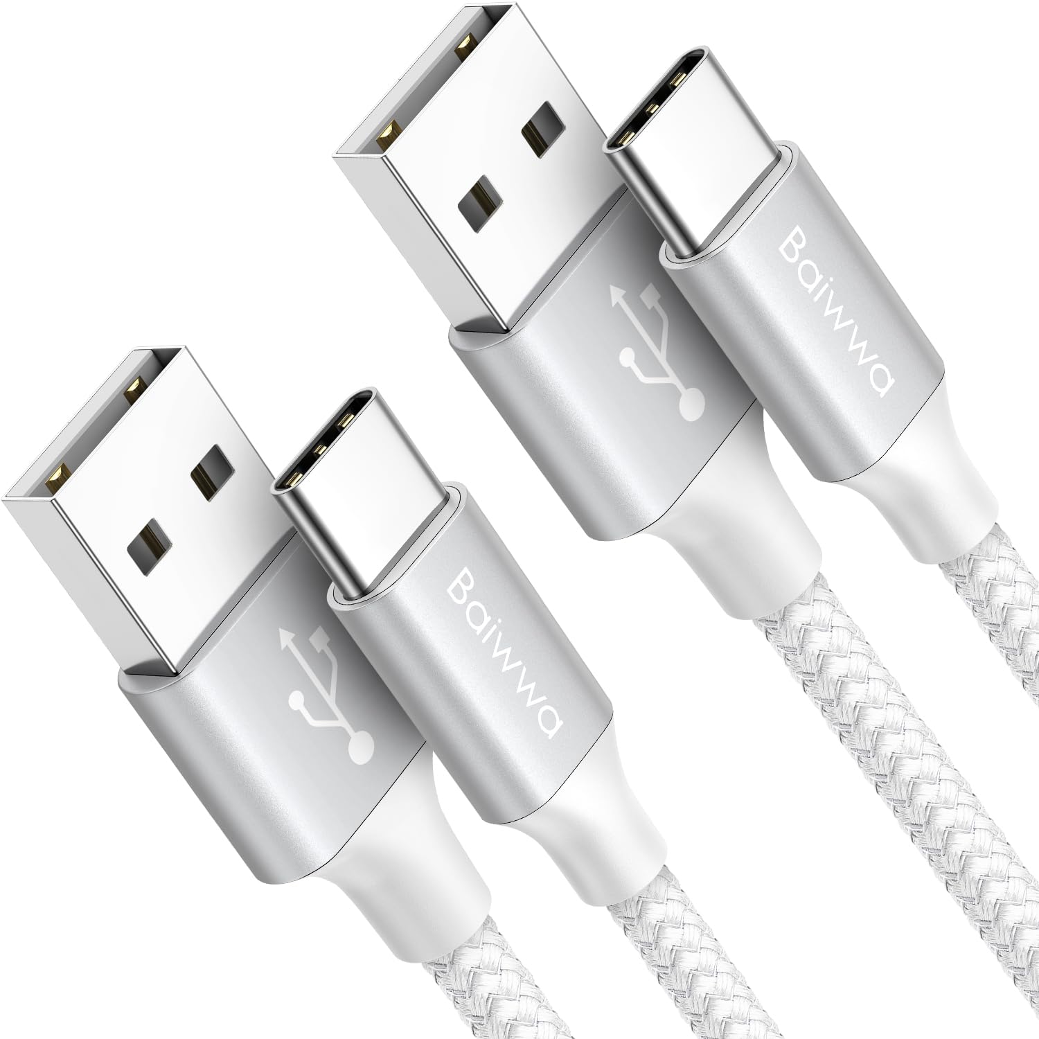 Baiwwa Cavo USB Type-C 1 Metro, 2Pezzi Cavo USB A USB C Ricarica Rapida 3,1A Nylon Cavi USBC per iPhone 15 16 Pro, Samsung Galaxy S24 S23 Plus A15 A55 -Bianco
