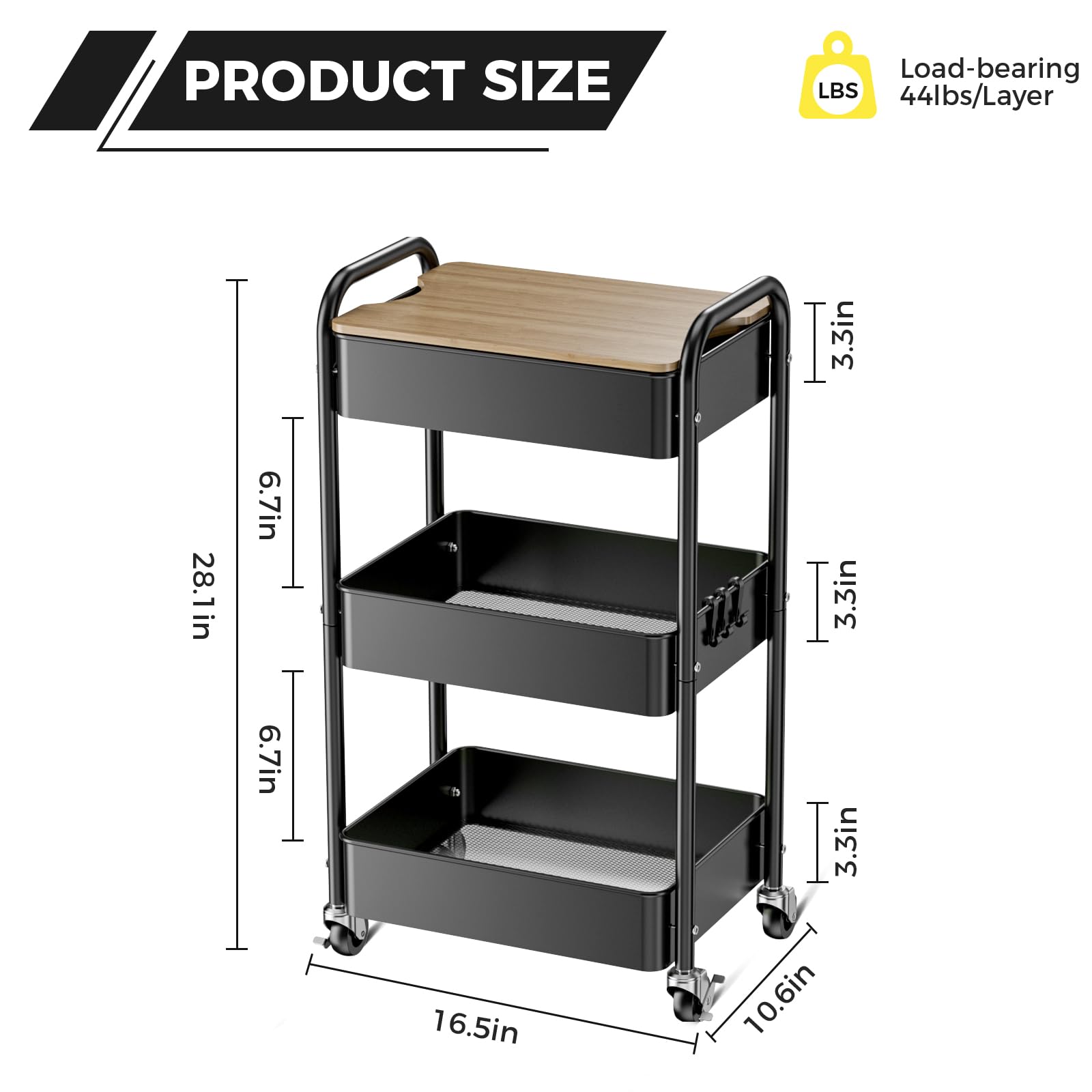 Carrito con Ruedas de 3 Niveles con Mesa, Carrito de Servir, Carrito Multiusos de Metal, Estante con Ruedas, Organizador, Estante de Cocina, Carrito Multiusos Estable para Cocina(Negro)