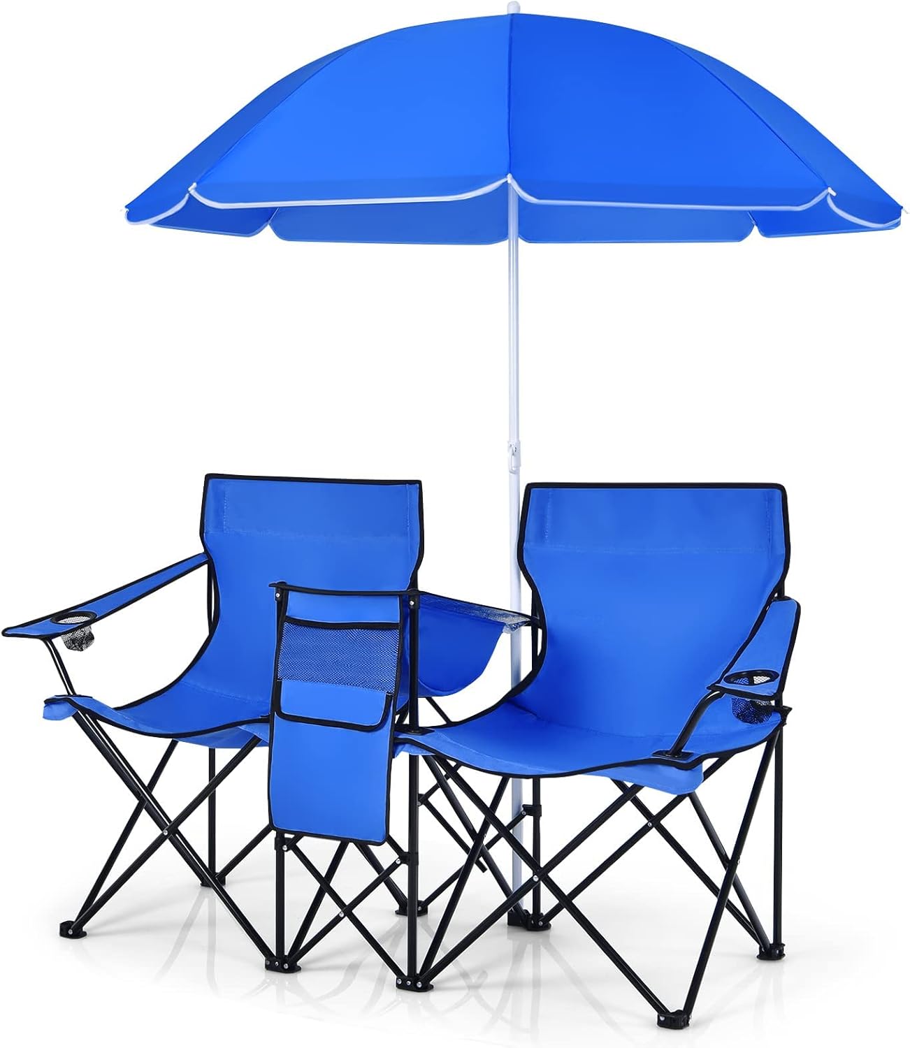 GLACER Outdoor Portable Foldable Beach Chair, Double Camping Folding Picnic Chairs w/Removable Umbrella Carry Bag Table Cupholders for Patio Beach Picnic Outdoor Portable Foldable Beach Chair(Blue)