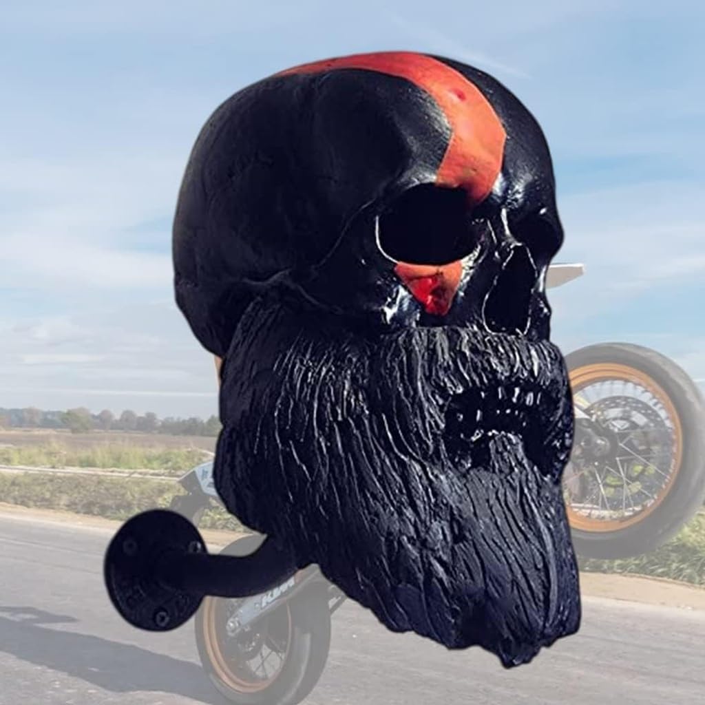 Motorcycle Skull Helmet Holder, Porte-Crâne, Monté Mural la Résine Étalage Casque, Artisanat Amovible en Résine pour Décoration Murale en Forme Tête Fantôme(Black)