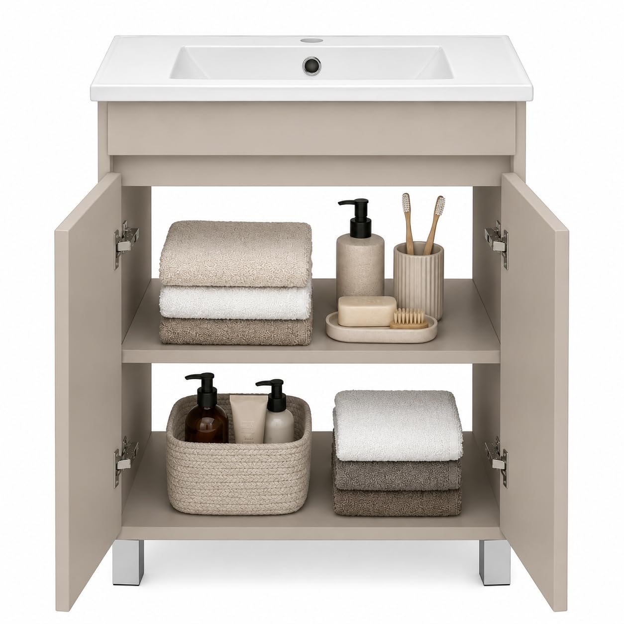Mueble de baño con lavabo de pie con lavabo con acabado en cachemira (beige) mate, 60 x 40 cm, sistema de cierre suave.