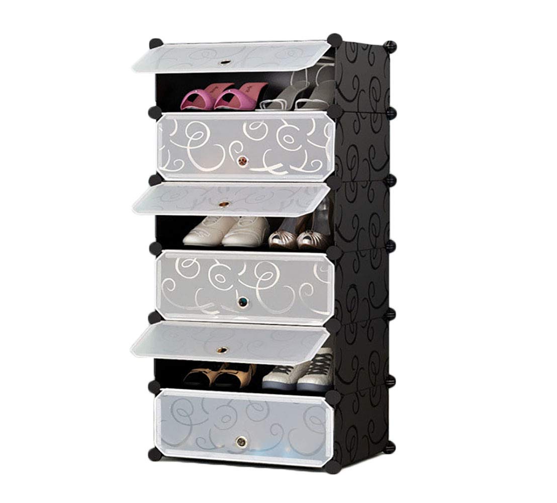 JJ-Boutique DIY Shoe Rack, Storage Drawer Unit Multi Use Modular Organizer Plastic Cabinet with Doors, Black and White Curly Pattern (6 cubes)