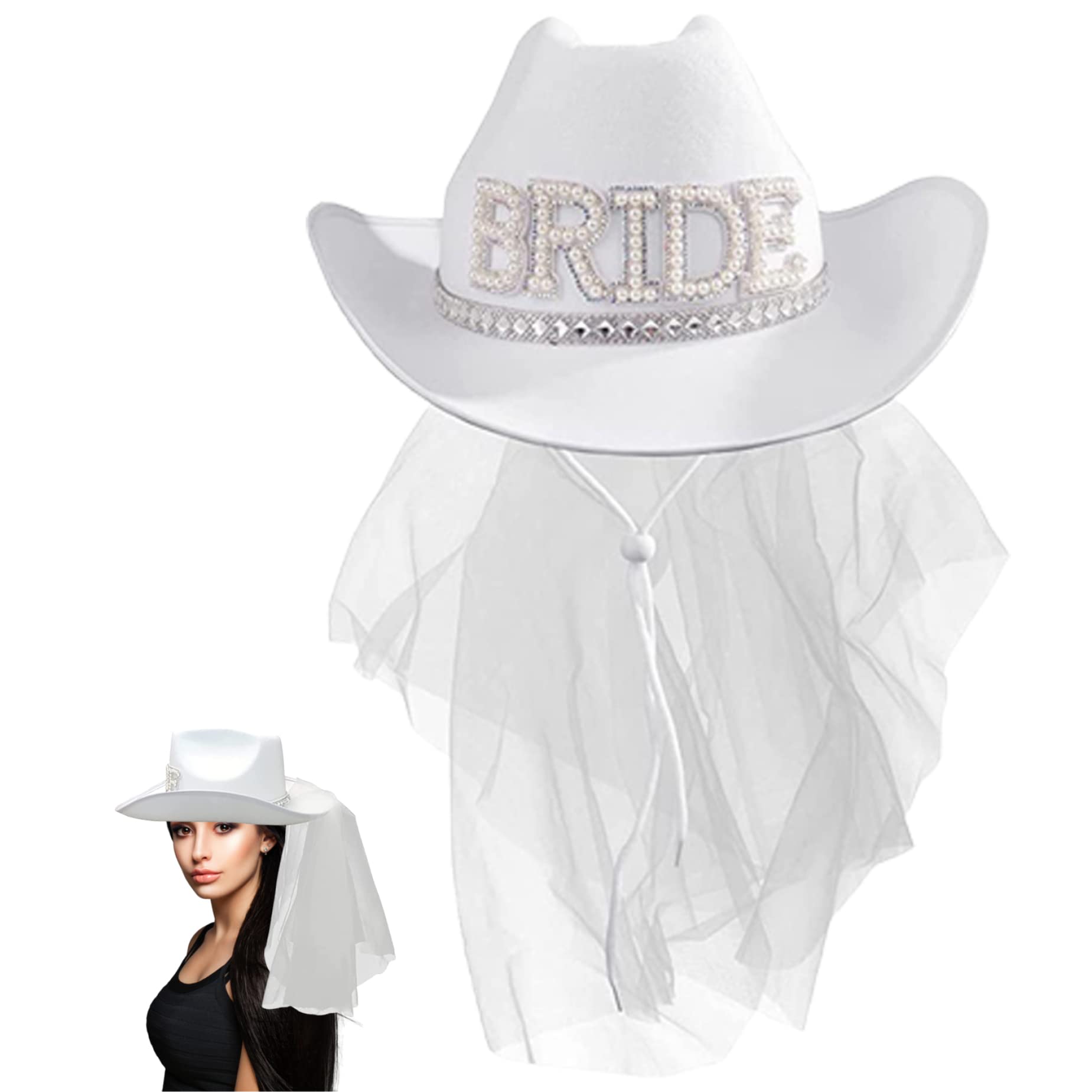 SMELEYOU Accesorios nupciales, sombrero de vaquera blanca con sombrero de novia de velo de la boda del vestuario del gorro de vaquero del sombrero de boda del ala ancha para la despedida de soltera