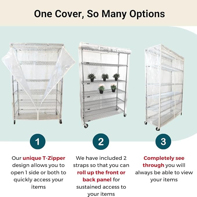 This wire shelf cover is a practical and versatile storage solution for a variety of spaces, including kitchens, pantries, closets, and garages. With its heavy-duty construction and transparent design, the Formosa Covers Premium All Clear See Through Wire Shelf Cover is an ideal way to keep your belongings protected and organized while maintaining visibility and accessibility. Description by ChatGPT.