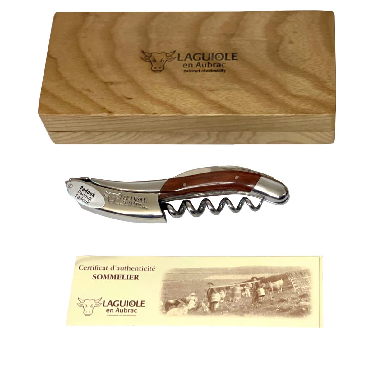 Laguiole En Aubrac Sommelier Waiter's Corkscrew, Padouk Wood Handle, Wine Opener With Foil Cutter & Bottle Opener, Polished Bolster