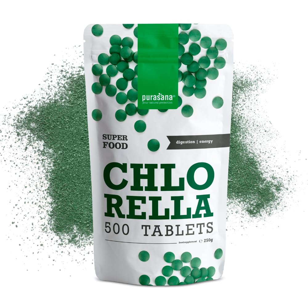 Purasana® Chlorella Biologique Pure Bio, 500 comprimés, 1500 mg par Dose. Paroi Cellulaire Brisée. Satiété Naturelle. Détox. Protéines Végétaliennes, Chlorophylle Biologique. Energie et Vitalité