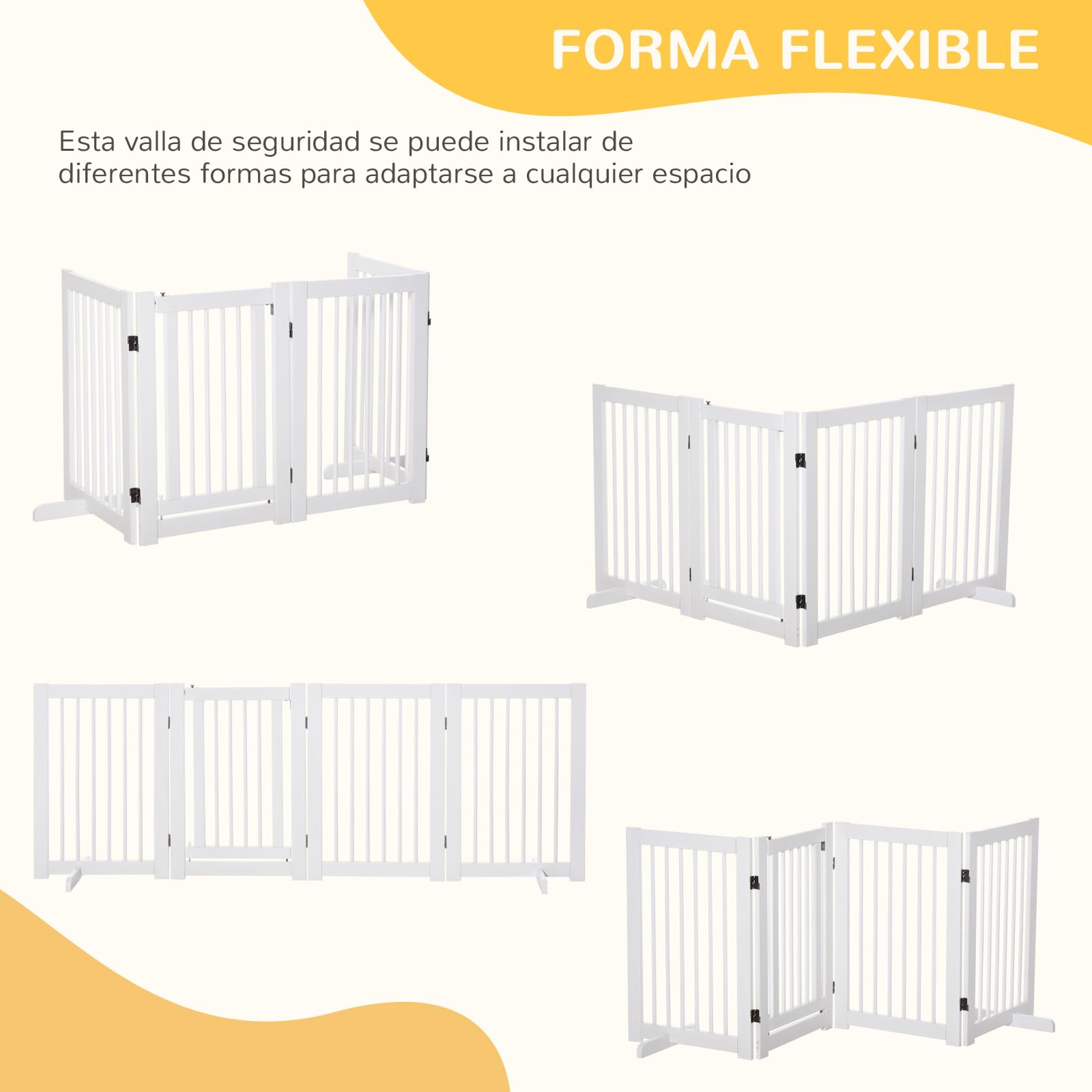 PawHut Barrera de Seguridad Perros de Madera Plegable 204x36x75 cm Blanco | para Escaleras y Puertas, Valla para Perros Pequeños y Medianos, 4 Paneles, con Soporte de Pie, para Interiores