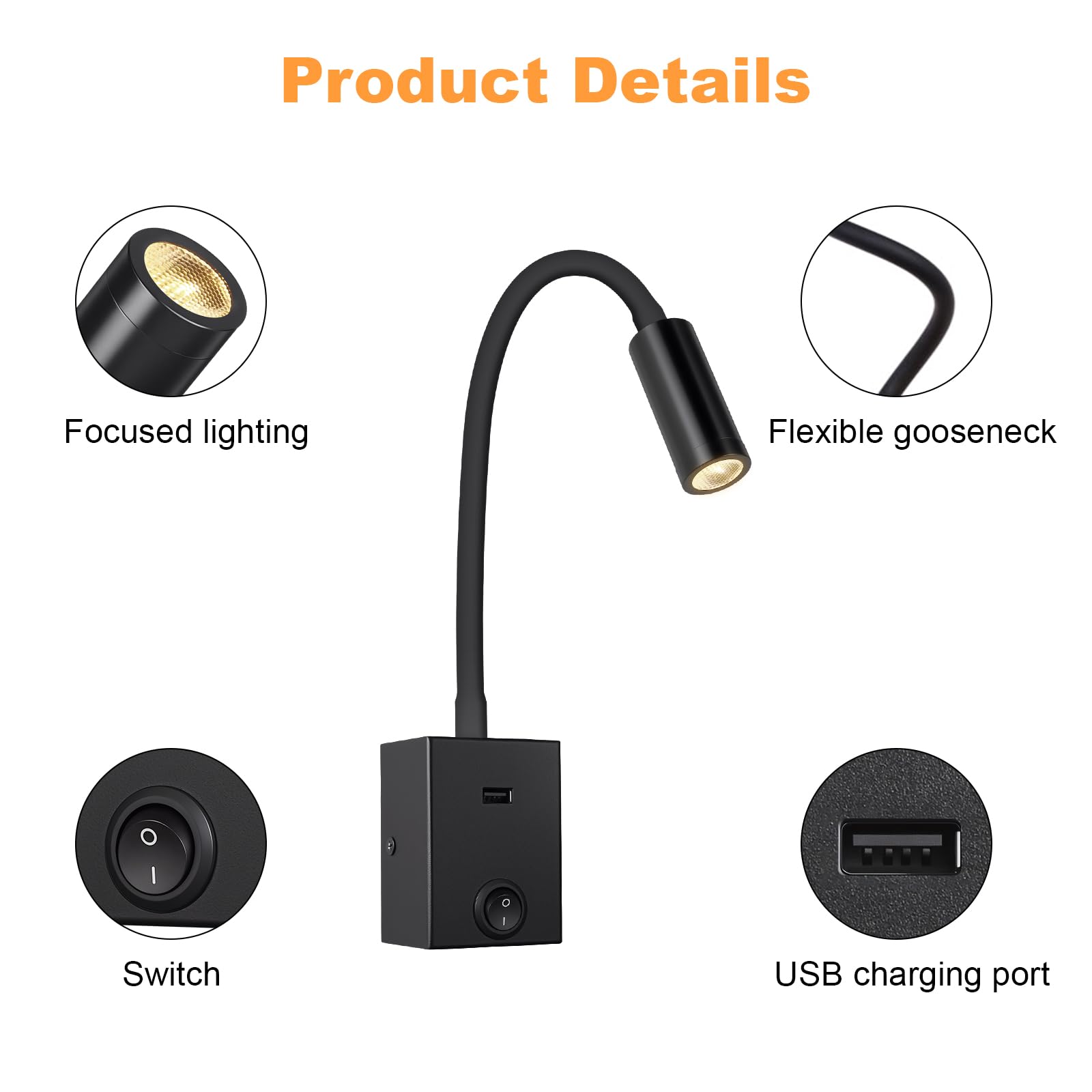 Lampada da Lettura a LED da Parete 3W con Collo d'oca Flessibile 360° USB 3000K Nero