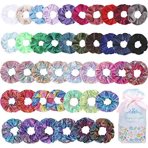 Habbi 42 Colors Hair Scrunchies, Metallic & Velvet Elastic Hair Bands Shiny Hair Ties Hair Scrunchy Ropes for Women, Girls