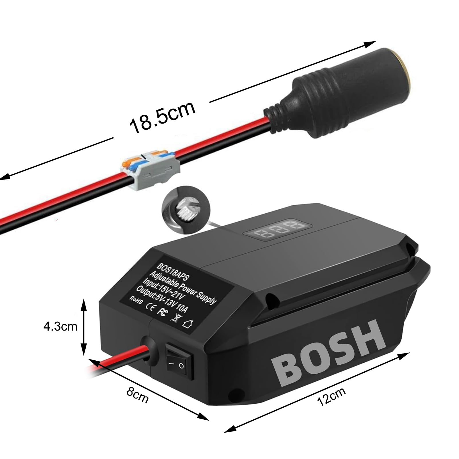 Convertisseur abaisseur 18 V à 12 V pour Batterie Bosch GBA 18 V, Adaptateur d'alimentation pour Batterie à Tension Continue Sortie 5 V-13 V Max. 10 A Prise Allume-Cigare