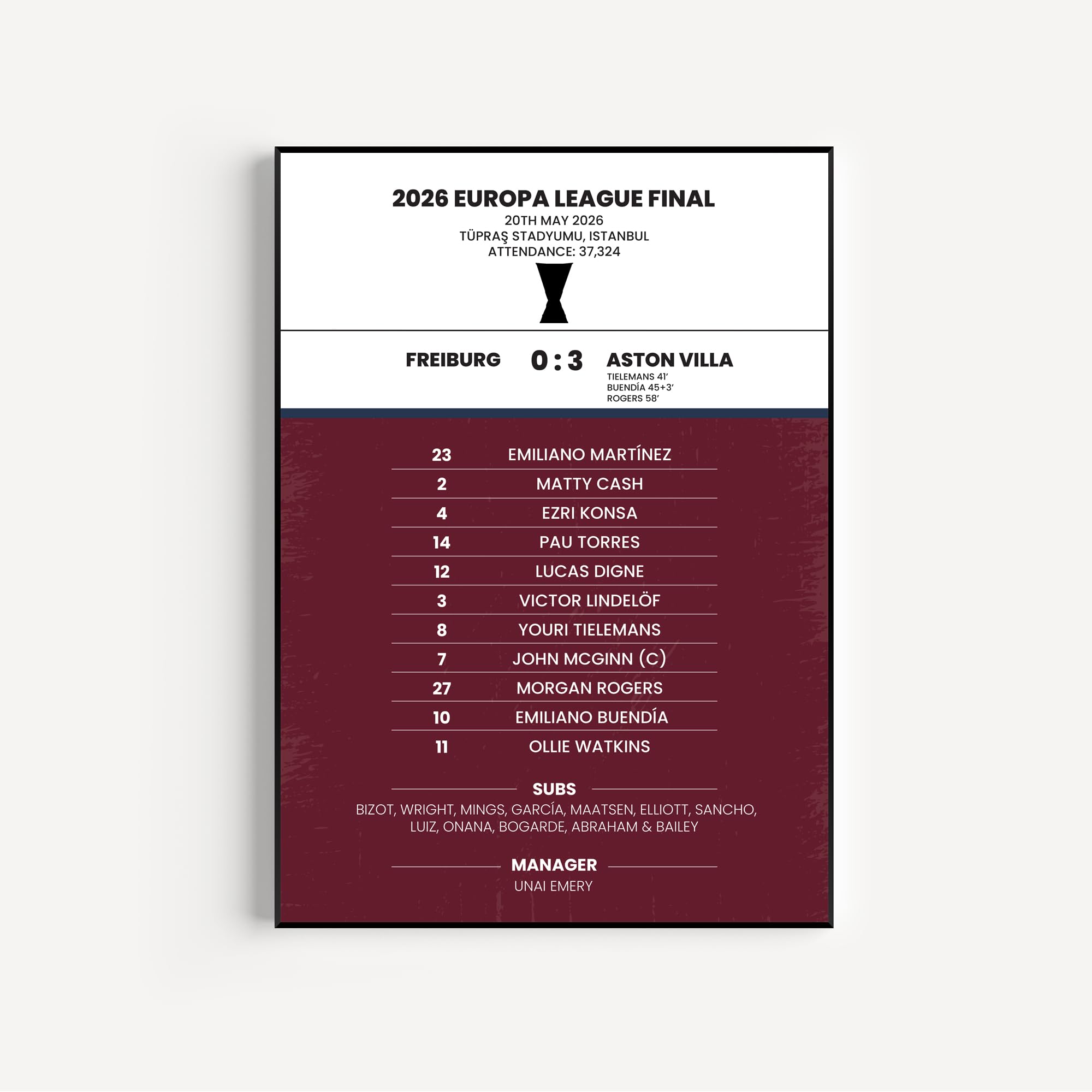 Aston Villa 2026 Europa League Final Winners Framed Photo Match Art Poster Print, Football Wall Art