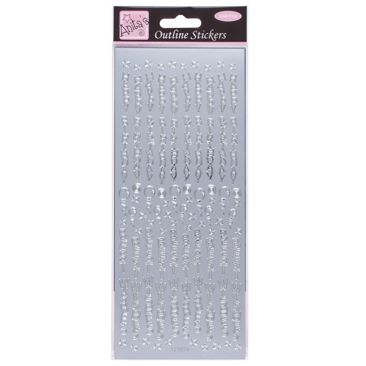Anitas Outline Stickers, Birthday Best Wishes, Silver, For Scrapbooking, Card Making, Kids Play, Homework, Art, Craft, Embelish, Decorative, Paper, Card, Glass, Metal, Plastic, Foam